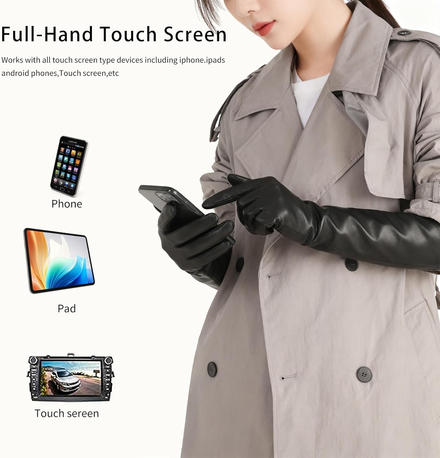#&? HASHTAG AND WHAT Women's 40cm Long Leather Gloves, Black Real Sheepskin with Silk Lining, Full-Hand Touchscreen - Image 5