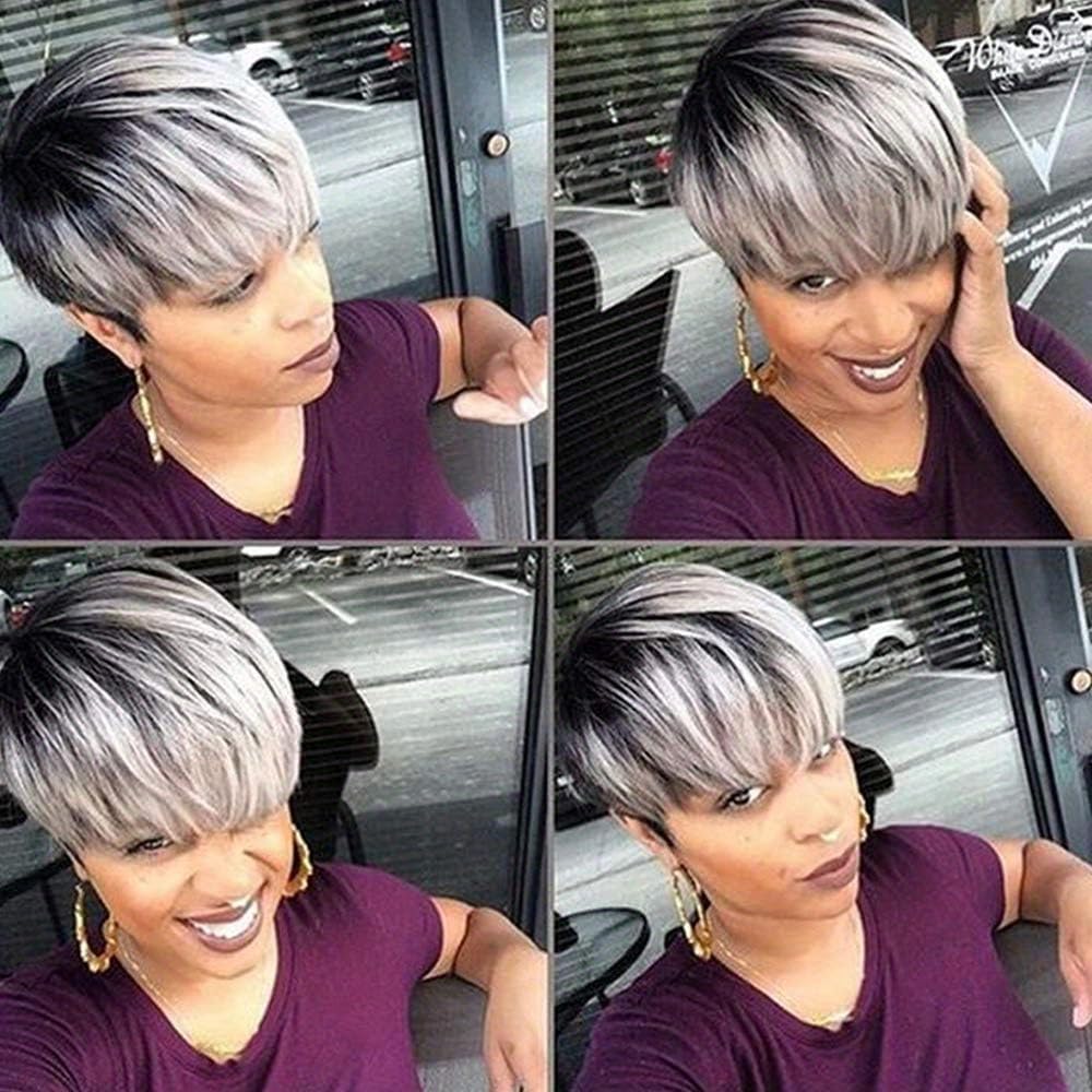 Divine Hair Short Ombre Gray Synthetic Wigs For Black White Women, Black gray with dark roots