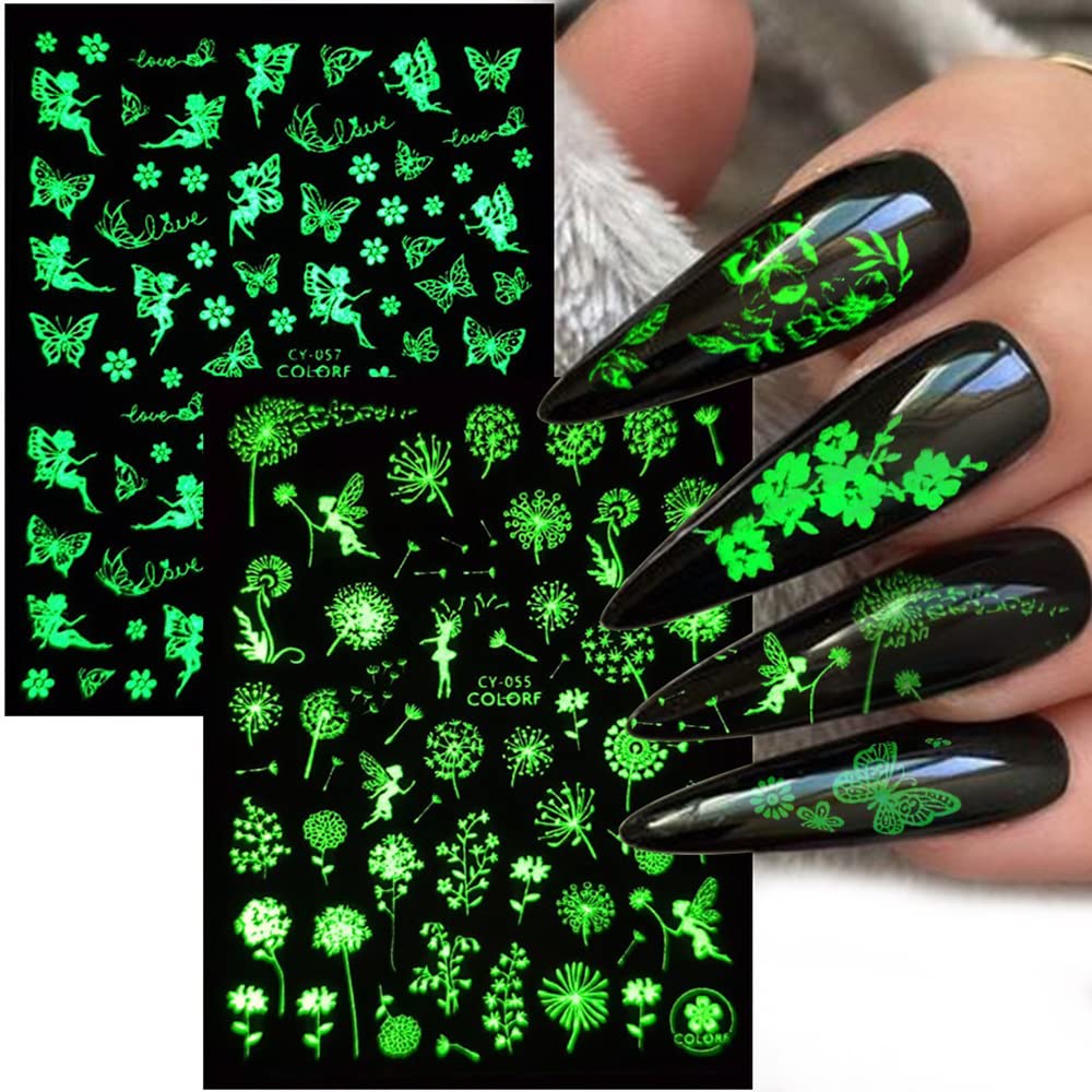 S.A.V.I 9 Sheets Set Luminous Glow in The Dark Dandelion Butterfly Flower Fairy Self-Adhesive Nail Art Stickers-image-32