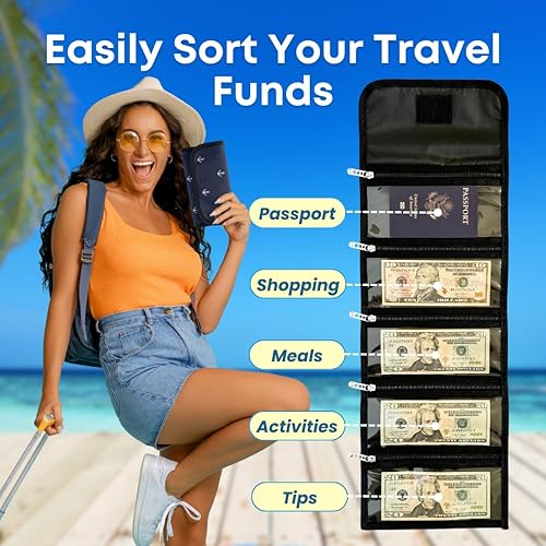 Miniatura 2 de Organizador de dinero para dinero con 5 bolsillos con cremallera, práctico organizador de monedas y cartera con sobre de efectivo, soporte ideal