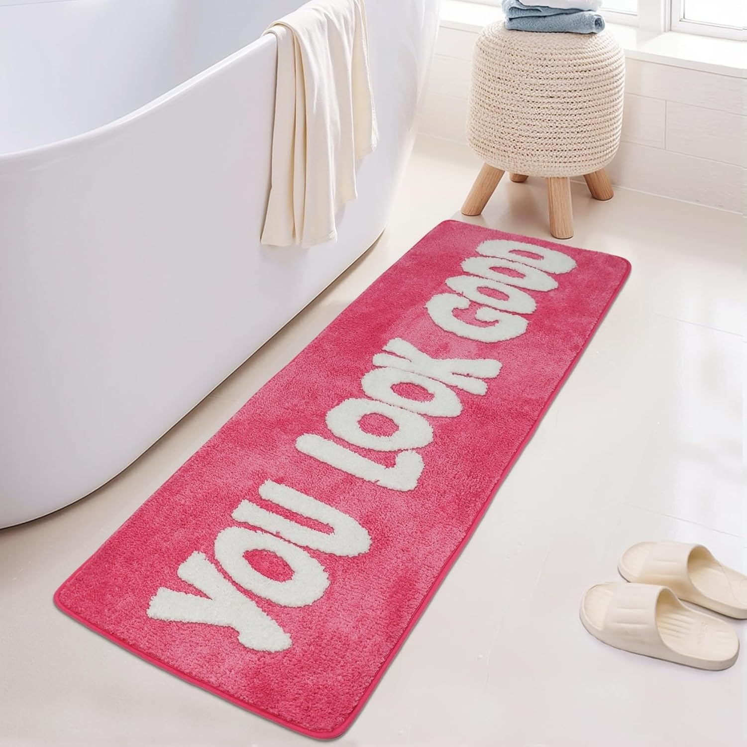KGAIXN Long Runner Bathroom Mat 20x60 Inches, Fun Bath Rug for Bathtub Bedroom Shower, Cozy Doormat Spa Style Decor Humorous Home Gift, Pink, 51x81 cm (Oblong)