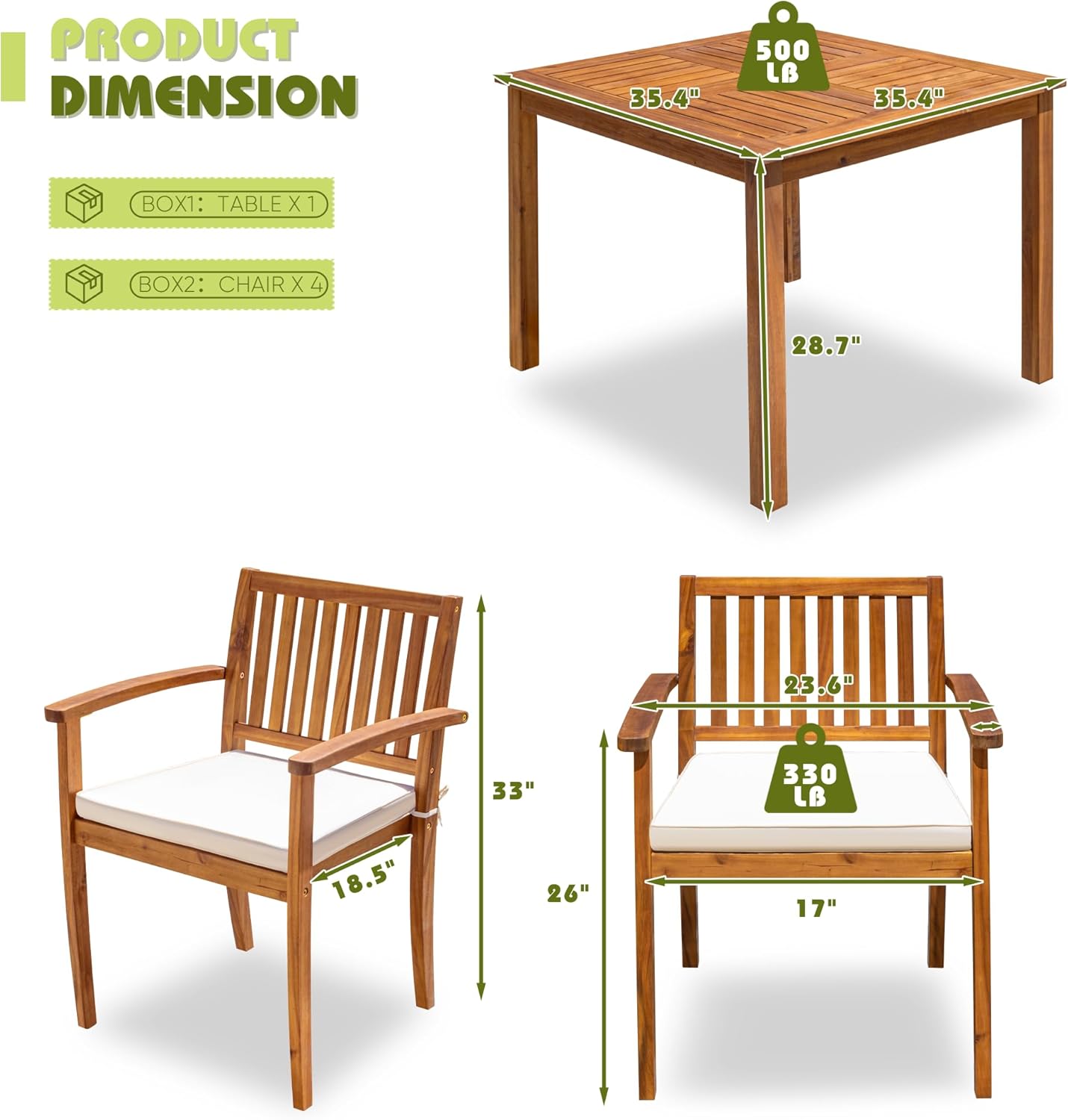 Flamaker 5 Piece Outdoor Dining Set Acacia Wood Patio Table and Chairs with Soft Cushions Patio Furniture for Deck, Backyard, Garden