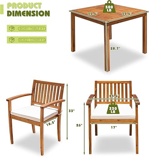 Miniatura 5 de Flamaker Juego de comedor al aire libre de 5 piezas, mesa y sillas de madera de acacia con cojines suaves, muebles de patio para terraza, patio