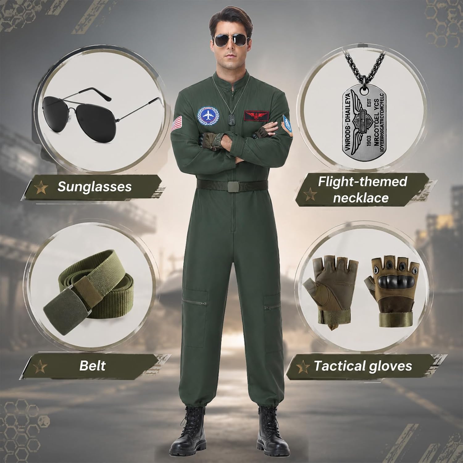Men Fighter Pilot Costume Halloween Adult Flight Suit Jumpsuit 6PCS