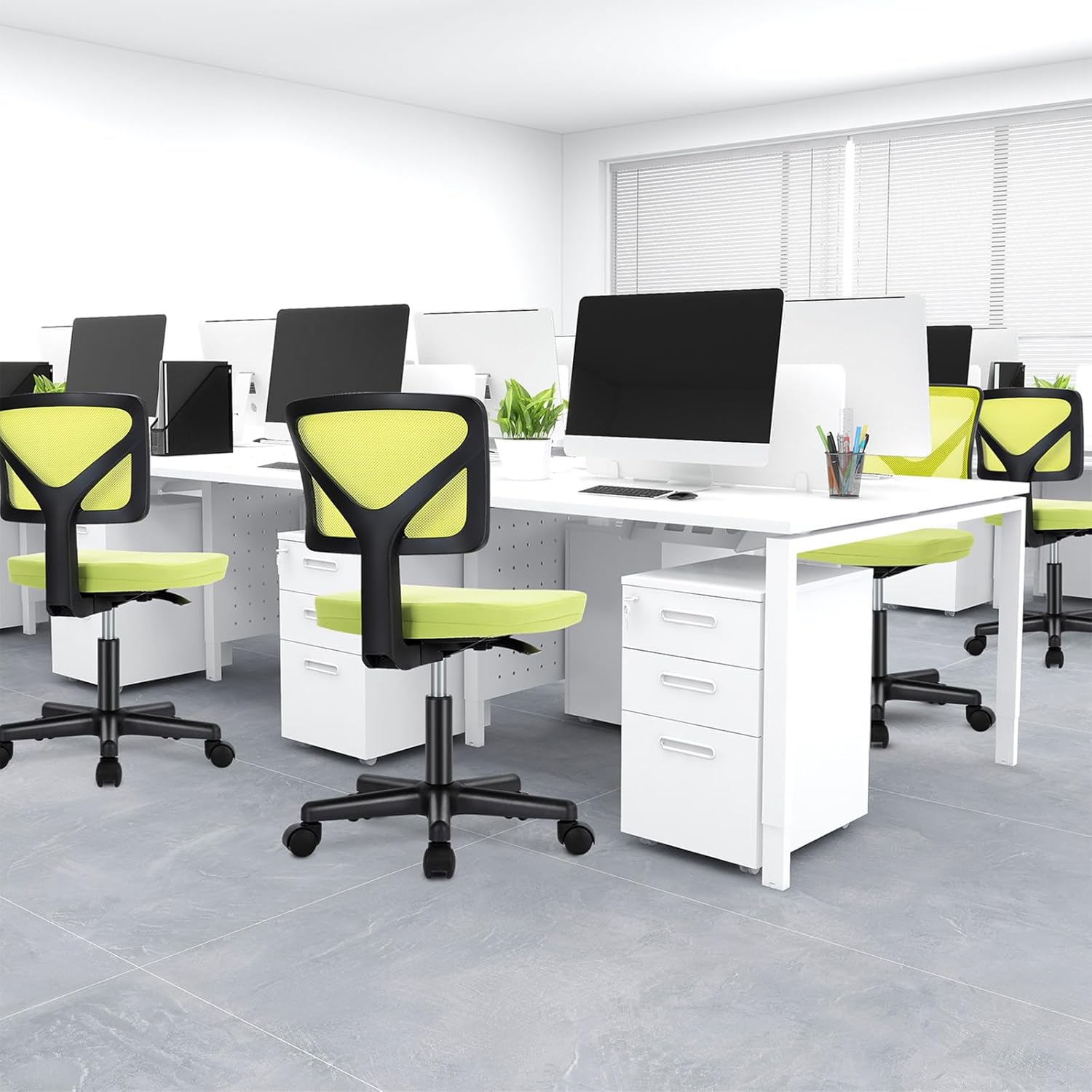 DUMOS Small Desk Chair Armless, Ergonomic Adjustable Home Office Swivel Rolling Task Chair No Arms, Comfy Mesh Mid Back Computer Work Vanity Desk Chiars with Wheels for Small Spaces, Green