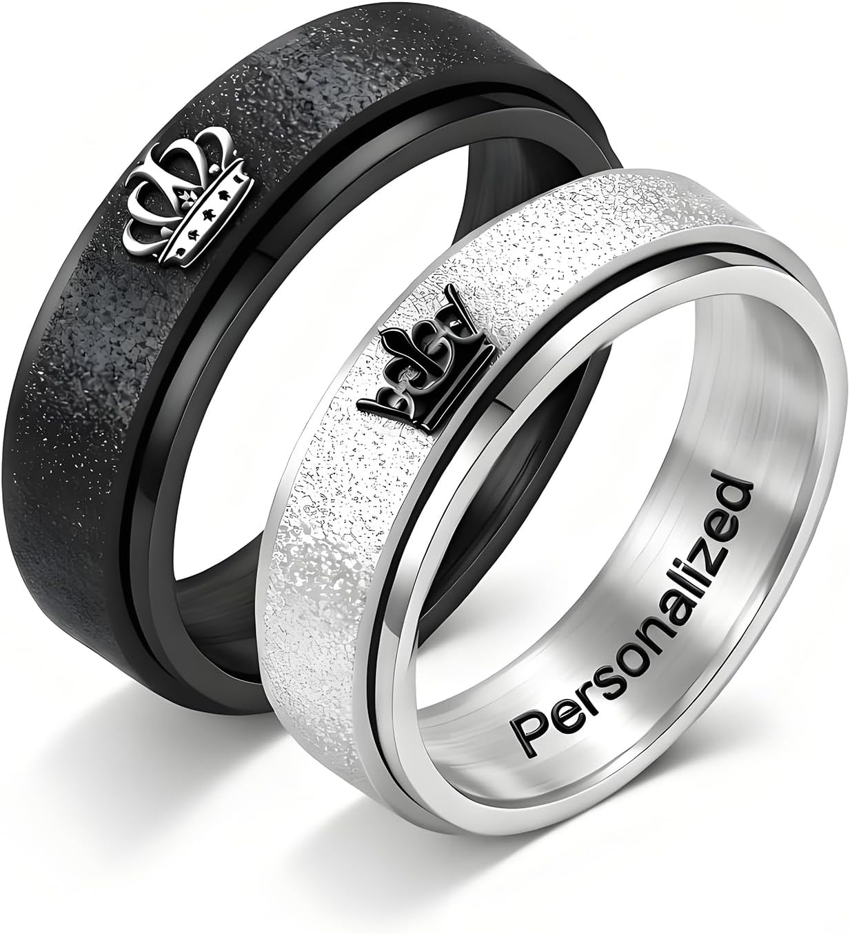 Customize Frosted Crown Couple Rings Matching Promise Ring Her King His Queen Engraved Matte Engagement Wedding Bands Anniversary Titanium Steel Black 6mm Personalized