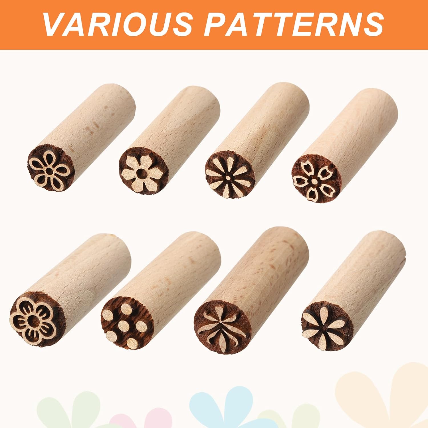 HARFINGTON 8pcs Wood Pottery Tools Stamps 0.6" Dia 2" Length Wooden Natural Clay Pottery Stamps Set Floral Pattern for Cookie Cake Dessert