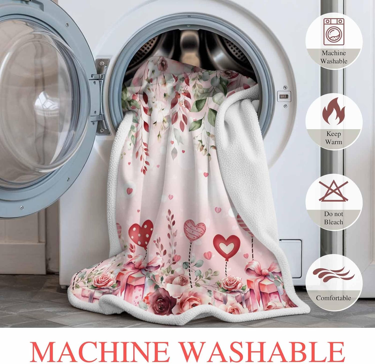 Valentine's Day Sherpa Throw Blankets Pink Rose Love Heart Flannel Fleece Blanket Gift Eucalyptus Leaves Soft Cozy Warm Reversible Fluffy Plush Blankets and Throws for Couch Bed Sofa All Season 40x50