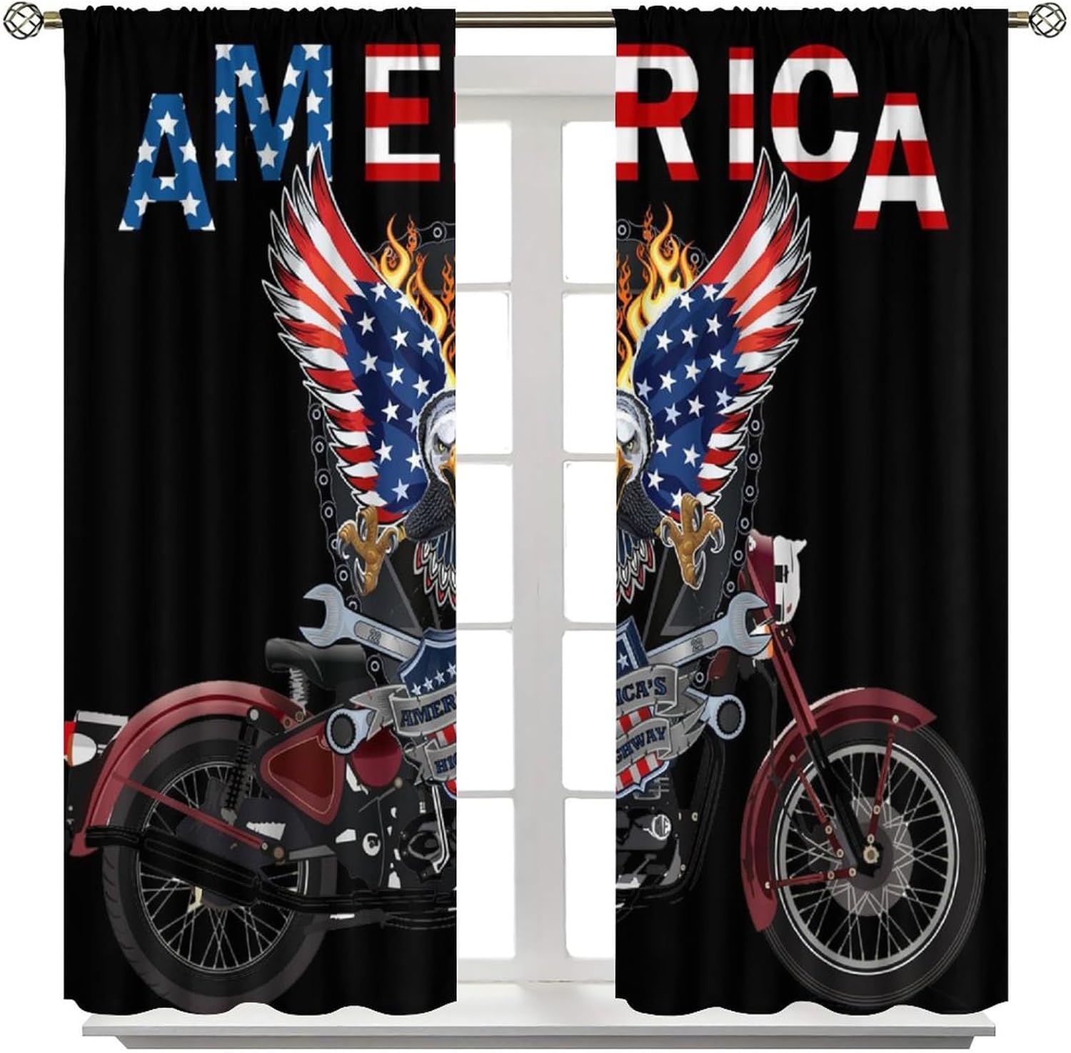 Motorcycle Curtains, Vintage Motorcycle Eagle American Flag Blackout Window Treatments, Rod Pocket Thermal Insulated Drapes 2 Panel Sets for Boys Kids Men Bedroom Living Room, 84" W X 84" L