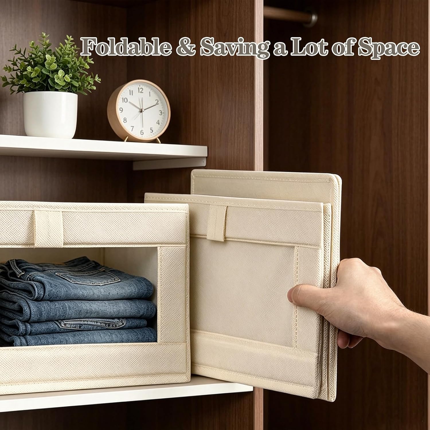 4 Pack Closet Organizers and Storage Foldable Linen Storage Bins with Mesh Window for Clothing Towels Toys Nursery Shelves Beige