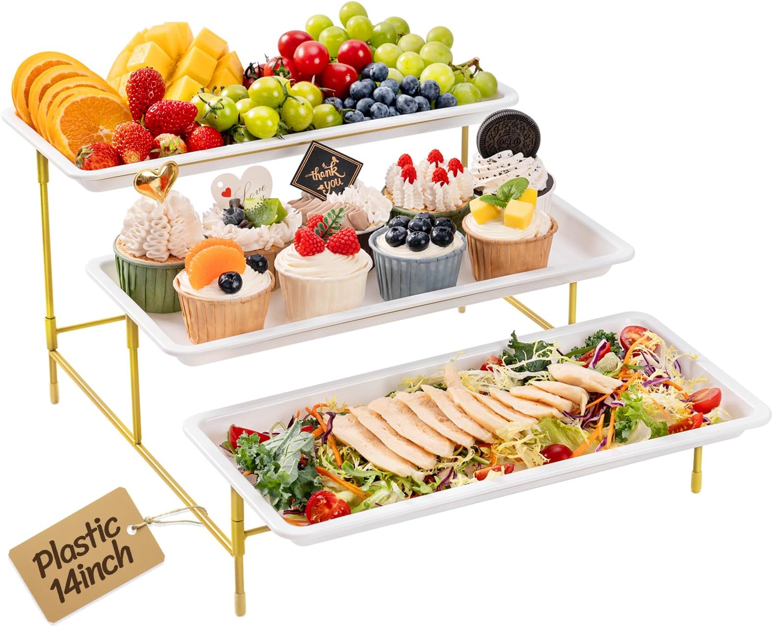Lifewit 3 Tier Serving Tray for Party, 36 x 17 cm/14 x 6.5 Plastic Serving Platters, White Tiered Tray Stand with Gold Collapsible Metal Stand, Decorative Dessert Table Display Set for Buffet