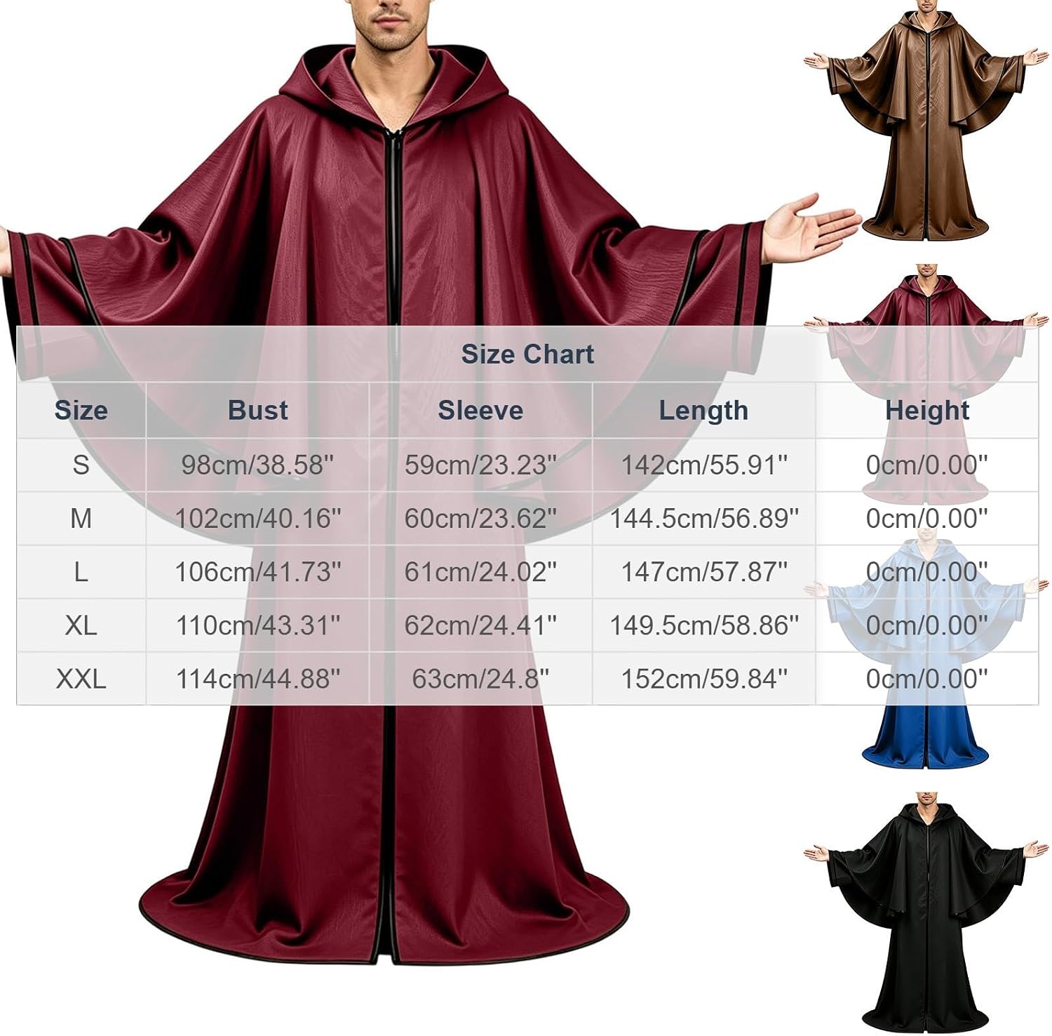 Men's Hooded Wizard Robe Full Zip Bell Sleeve Medieval Mage Cloak