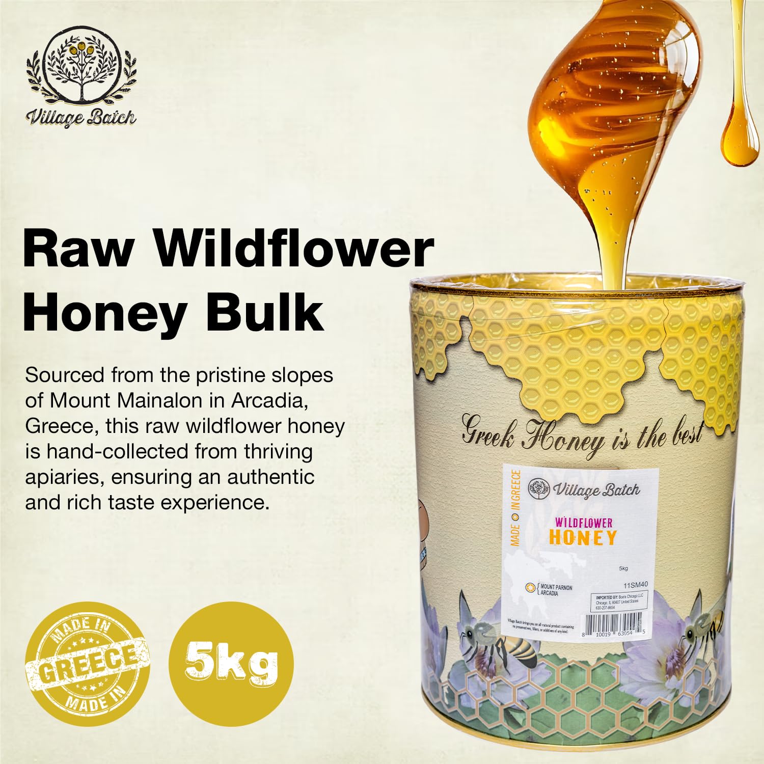 Village Batch Raw Organic Wildflower Honey Bulk 11 lb. (Pack of 1) Organic and Unpasteurized, Authentic Greek Honey from Mount Mainalon, Rich and Floral, Perfect for Cooking, Baking and Sweetening