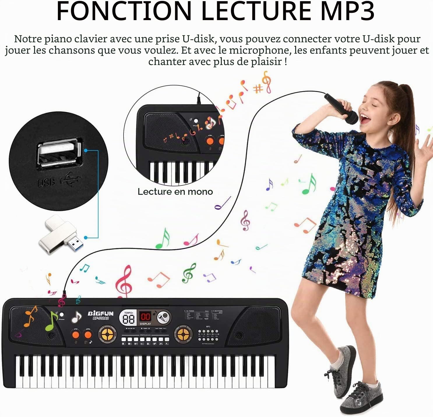 Clavier de Piano 61 Touches, Portable Clavier électronique de Piano | avec Microphone et câble USB Musical Instrument Piano pour Débutant Enfants Garçon Filles Cadeau