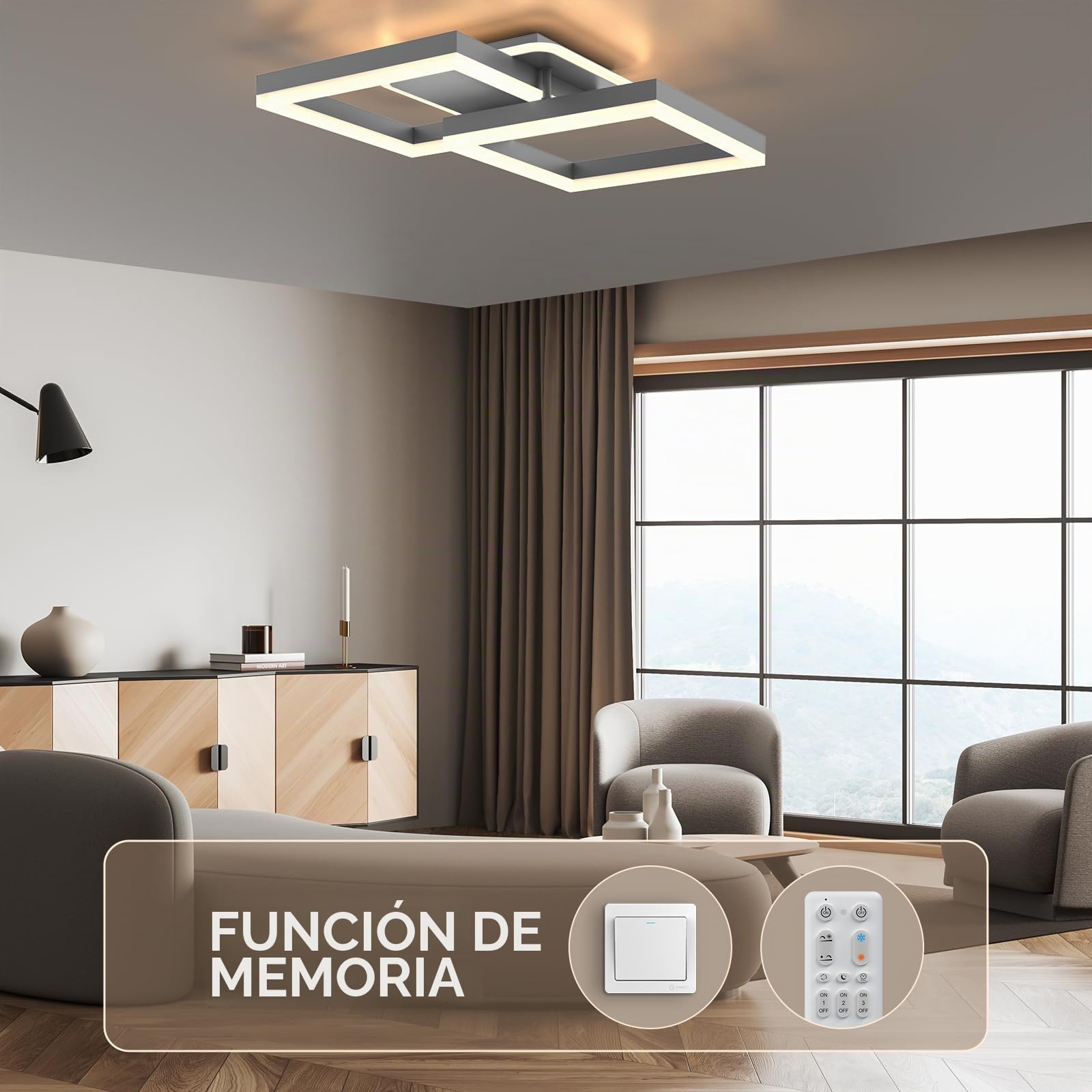 ANTENLICHT 40W Lampara Techo salon LED Regulable con Control Remoto, Moderno Plafon Led Techo Blanco Cálido a Frío 3000K-6500K, Luz de Techo Geométrico 3600LM para Salón, Dormitorio, Comedor, Gris