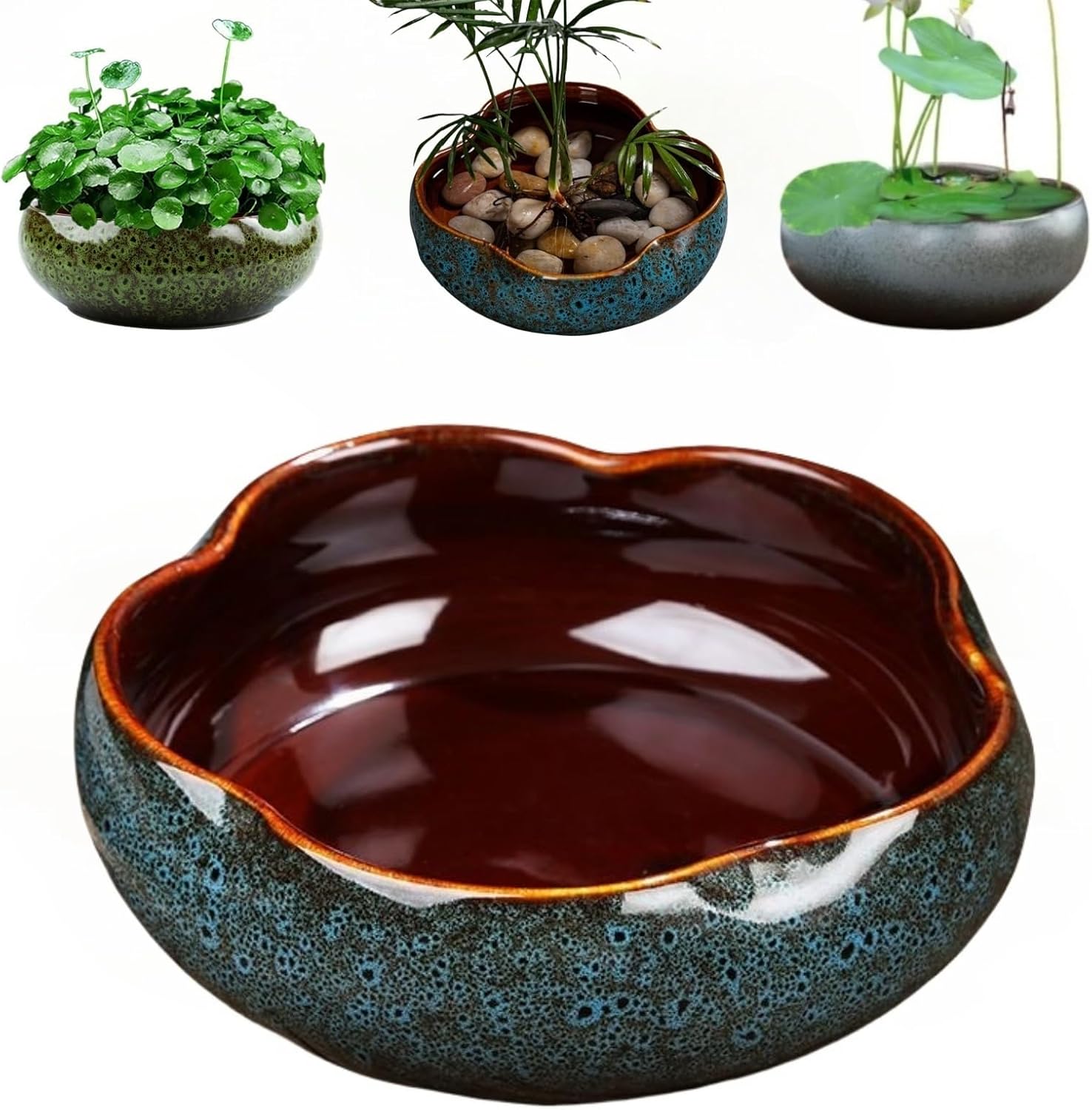 Lotus Bowl Planter, Ceramic Lotus Bowl, Petal Shaped Lotus Flower Bowl for Planting in Water Indoors,Suitable to Bonsai Bowl Lotus Flower,Succulent Plants Hydroponic Plant Home Decor (Blue, L)