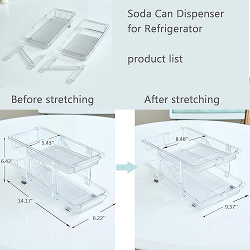 Miniatura 4 de Paquete de 2 dispensadores de latas de soda para refrigerador, organizador de latas de soda de ancho ajustable, organizador apilable de bebidas para