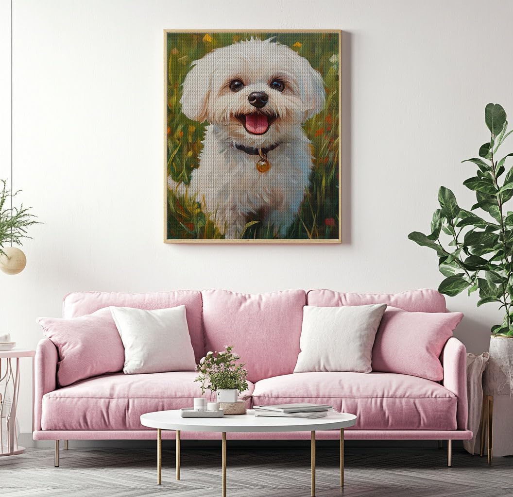 Maltese Dog on Grass Stamped Cross Stitch Kits, Cute Dog Counted Cross Stitch Kits for Beginners Adults Needlepoint Cross-Stitch Patterns Dimensions Needlecrafts Embroidery Kits Arts and Crafts