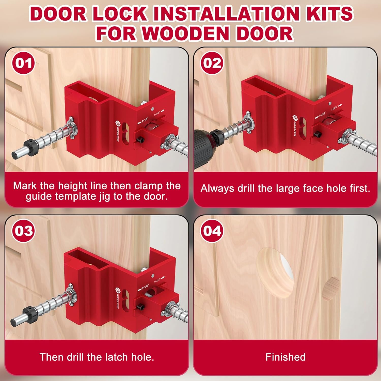 Door Lock Installation Kit for 1-3/8" and 1-3/4" Wooden Doors with Guide Template, Aluminum Alloy Door Hole Drilling Kit, Door Lock Jig Clamp Design Fits 2-3/8" and 2-3/4" Backsets, Drill Bit Included
