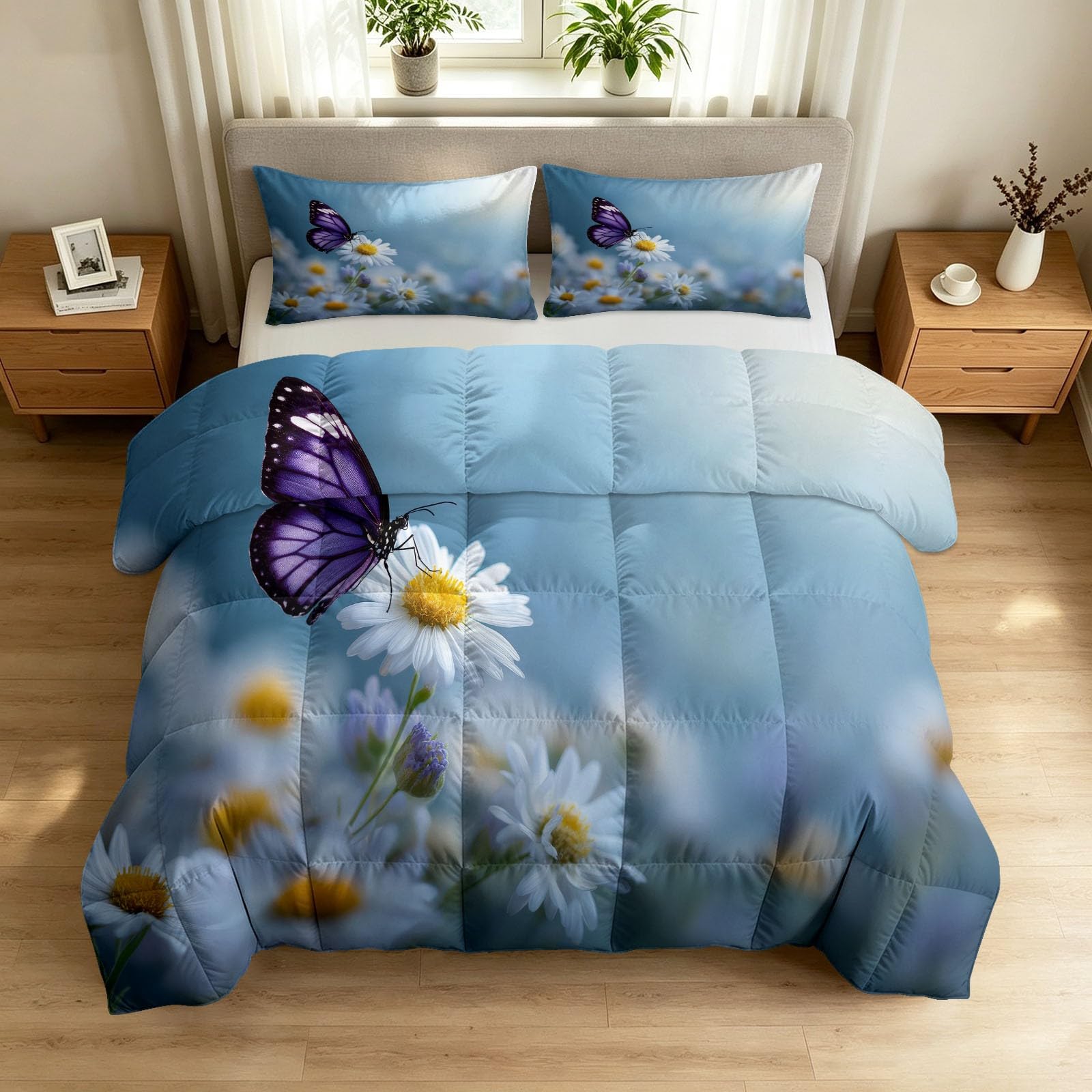 Poszewka na kołdrę pojedynczą pikowaną w stylu sielskim 135 x 200 cm, lekkie, ciepłe, przytulne łóżko, zestaw pościeli z 2 poszewkami na poduszki, kwiatowy motyl, stokrotka, nadająca się do prania