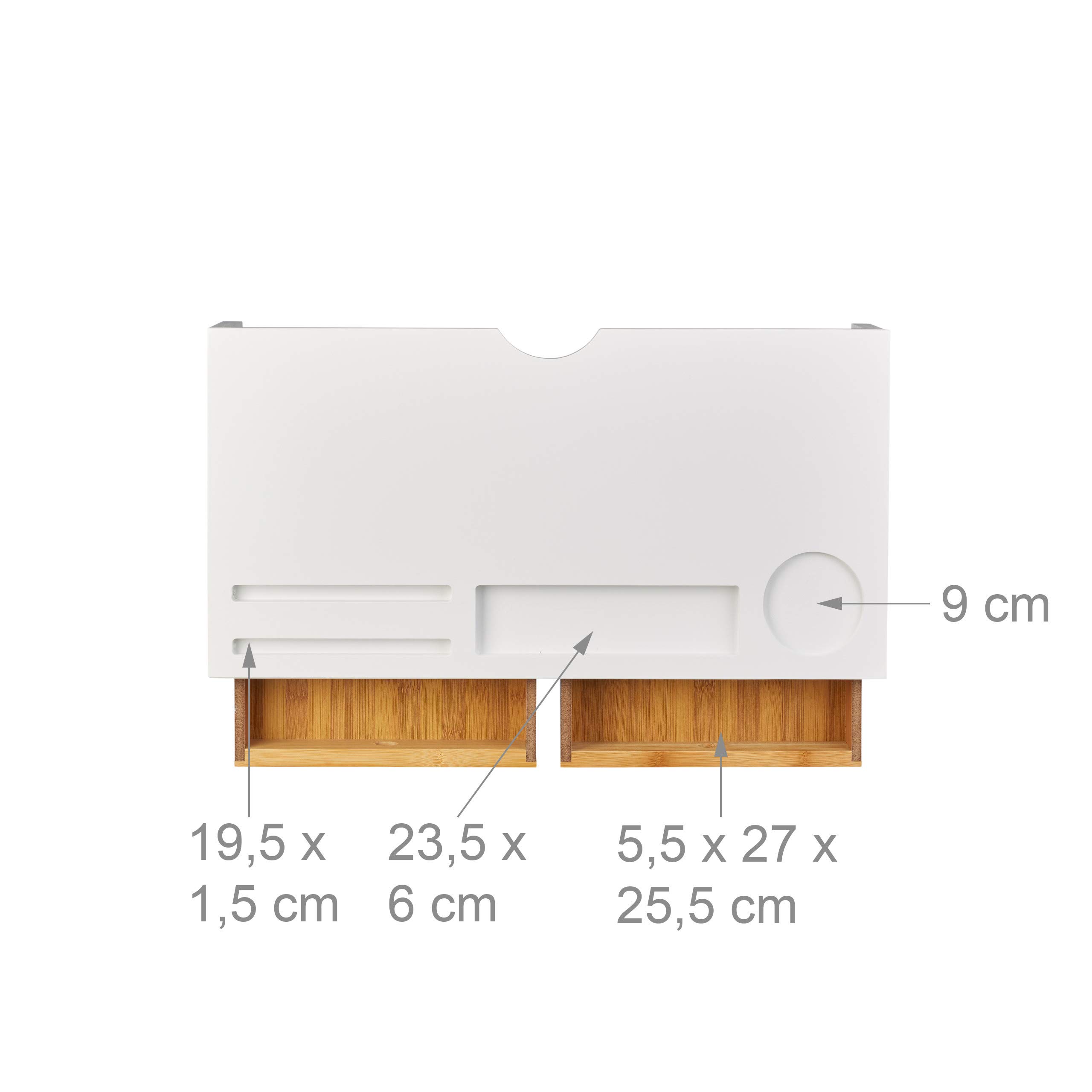 Relaxdays Soporte Monitor y Portátil con 2 Cajones y Compartimentos, Bambú, Marrón y Blanco, 14 x 60 x 30 cm