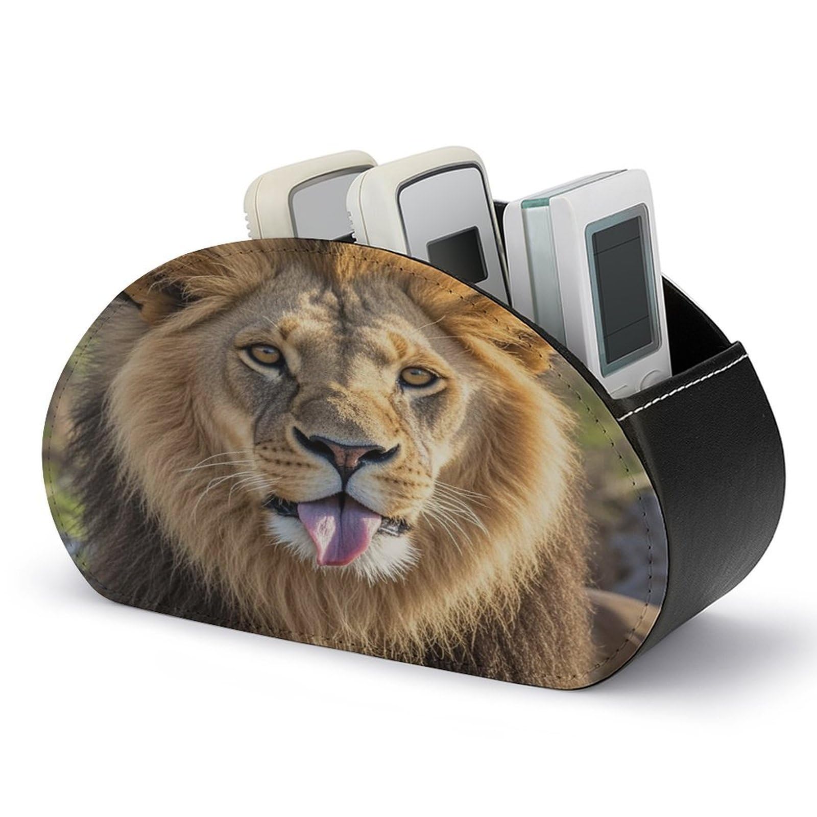 LZQPOEAS Lion Sticks Out Tongue Remote Control Holder with 5 Compartments PU Leather Remote Organizer Box Caddy for Table Nightstand Remote Caddy Desktop Organizer Fits Media Controllers