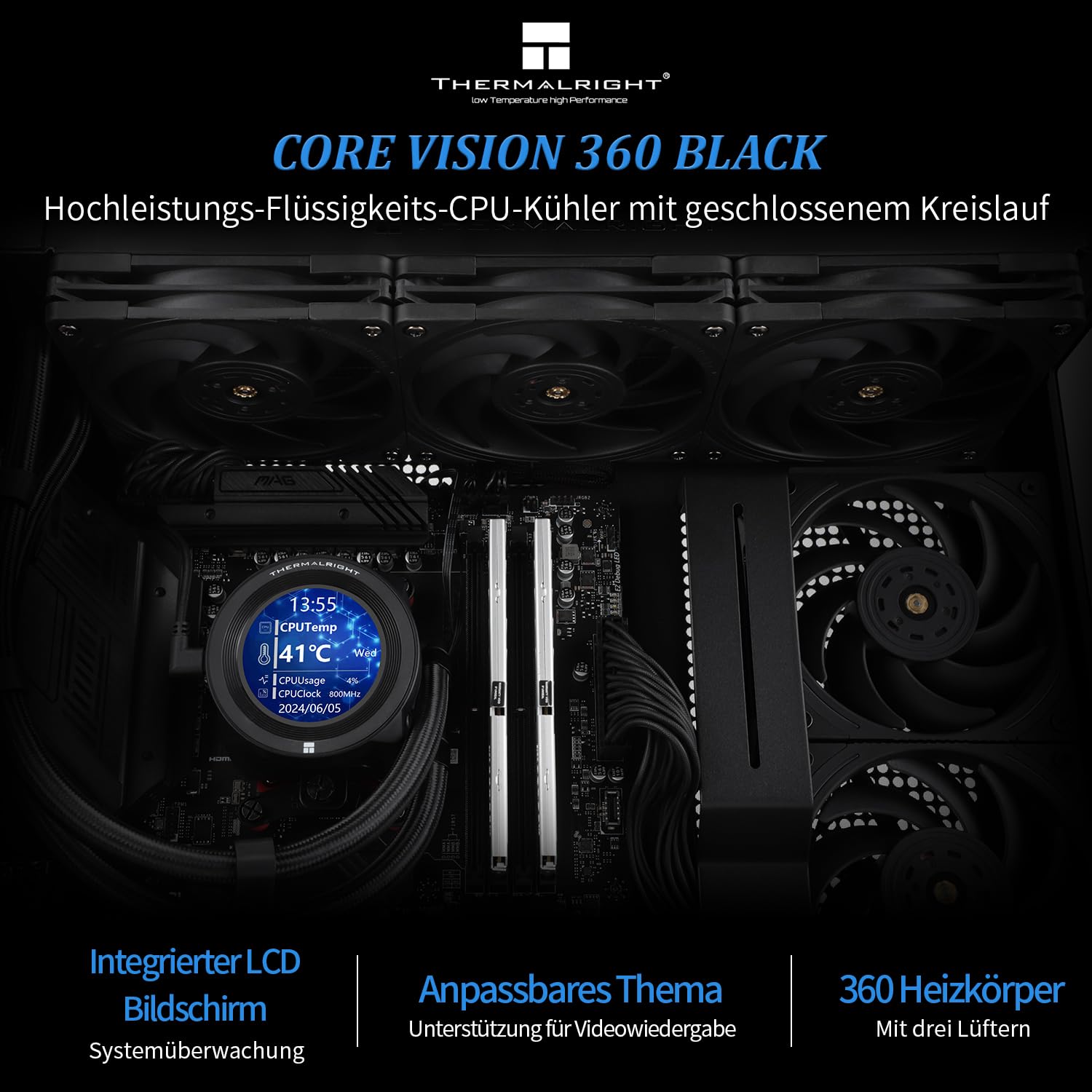 Thermalright CORE VISION 360 Black CPU AIO chłodnica, ekran IPS LCD o rozdzielczości 480 x 480, do AM5 i Intel 1700/1851, wydajna chłodnica chłodzona wodą 360 Specs, ze zdejmowanym wyświetlaczem 2,1