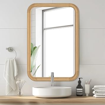 HOMECOOKIN Wood Framed Bathroom Mirrors, 20" x 30" Rounded Rectangle Wall Mirror,Farmhouse Wood Mirror Arched for Entryway, Living Room or Bedroom Vanity Home DecorHorizontal/Vertical, Natural