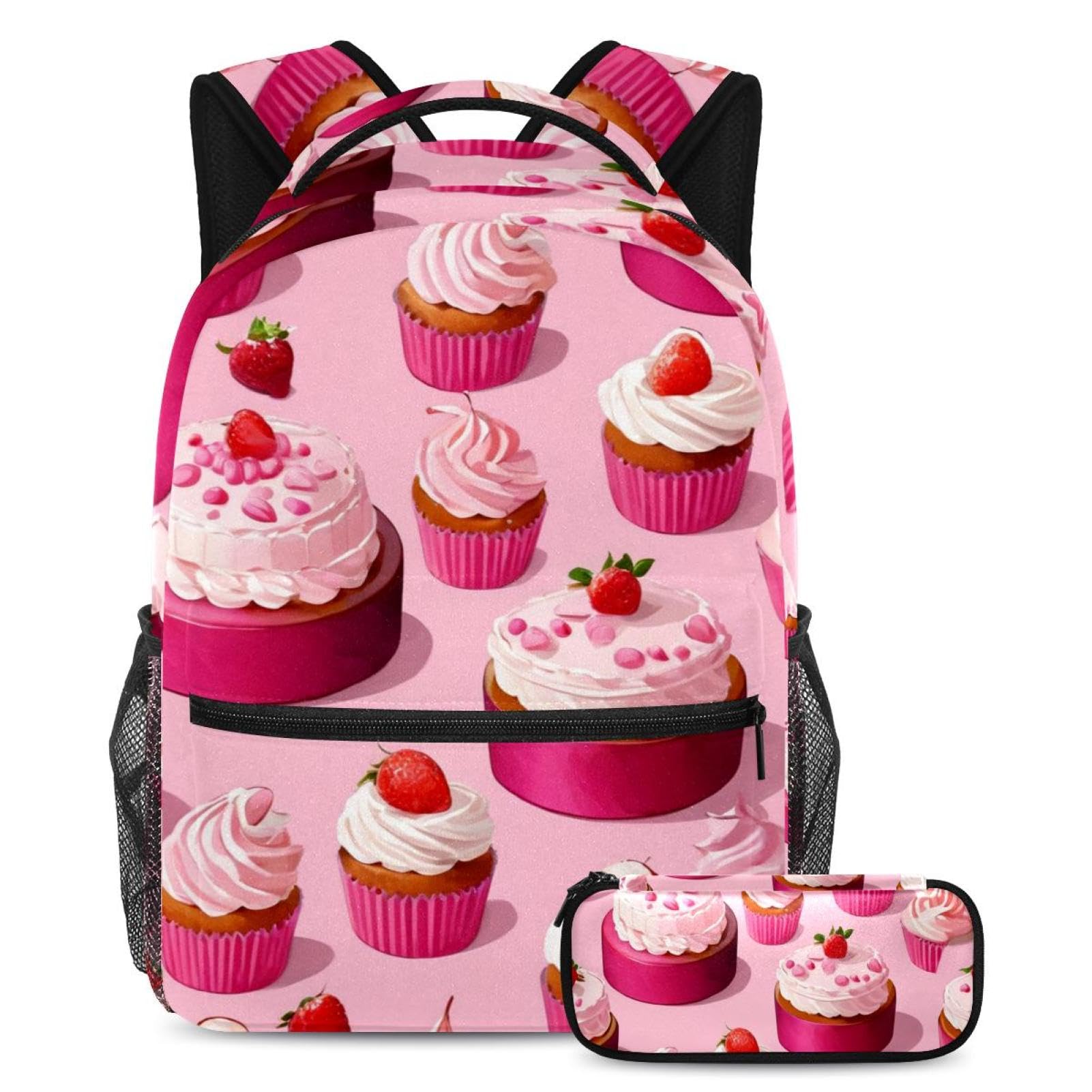 Ensemble de cartables rose motif dessert : sac à dos et trousse pour ados - 7