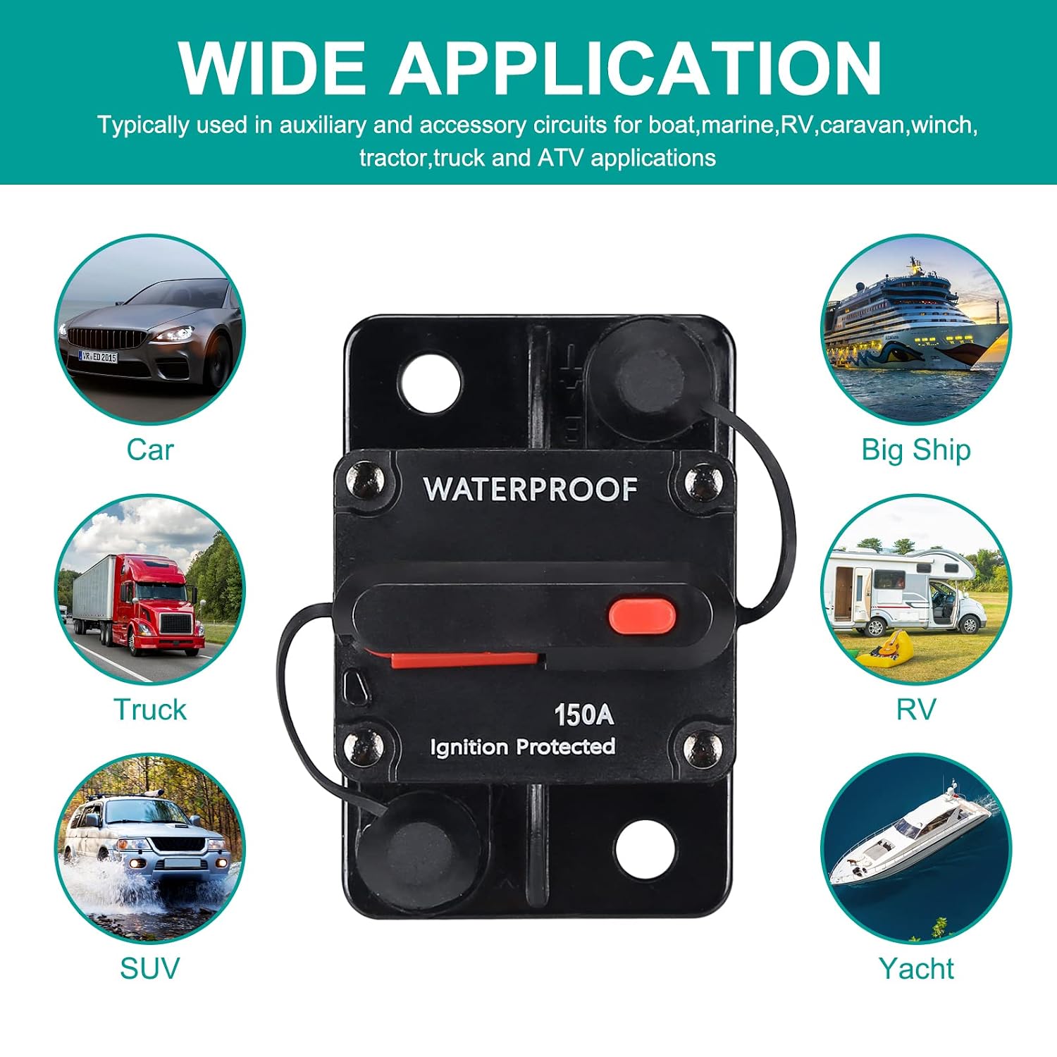 150 Amp Circuit Breaker,Waterproof,with Manual Reset,12V-48V DC, for Car Marine Trolling Motors Boat ATV Manual Power Protect and Automotive Marine Boat Audio System Protection