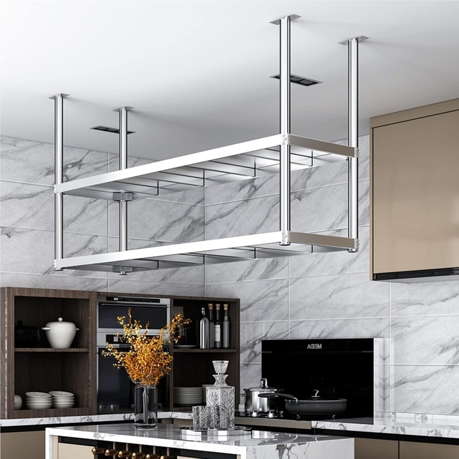 Hanging Wine Glass Rack, Hanging Shelf, Ceiling Hanging Shelves, Wine Rack/Plant Rack, Stainless Steel Kitchen Storage Rack, Free Standing Wine Racks, Holds 70kg F