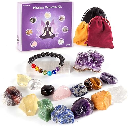 SmartYeen Juego de cristales curativos 17 piedras curativas de cristal incluye 7 piedras de chakra 7 piedras caídas cristal de amatista pulsera de