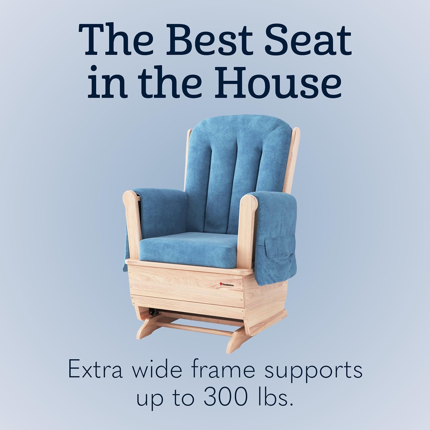 Foundations SafeRocker Standard Glider Rocker - Baby Feeding and Rocking Chair for Nursery, Daycare Environment - Nursery Rocking Chairs with Wood Skirt Base - Blue Microfiber