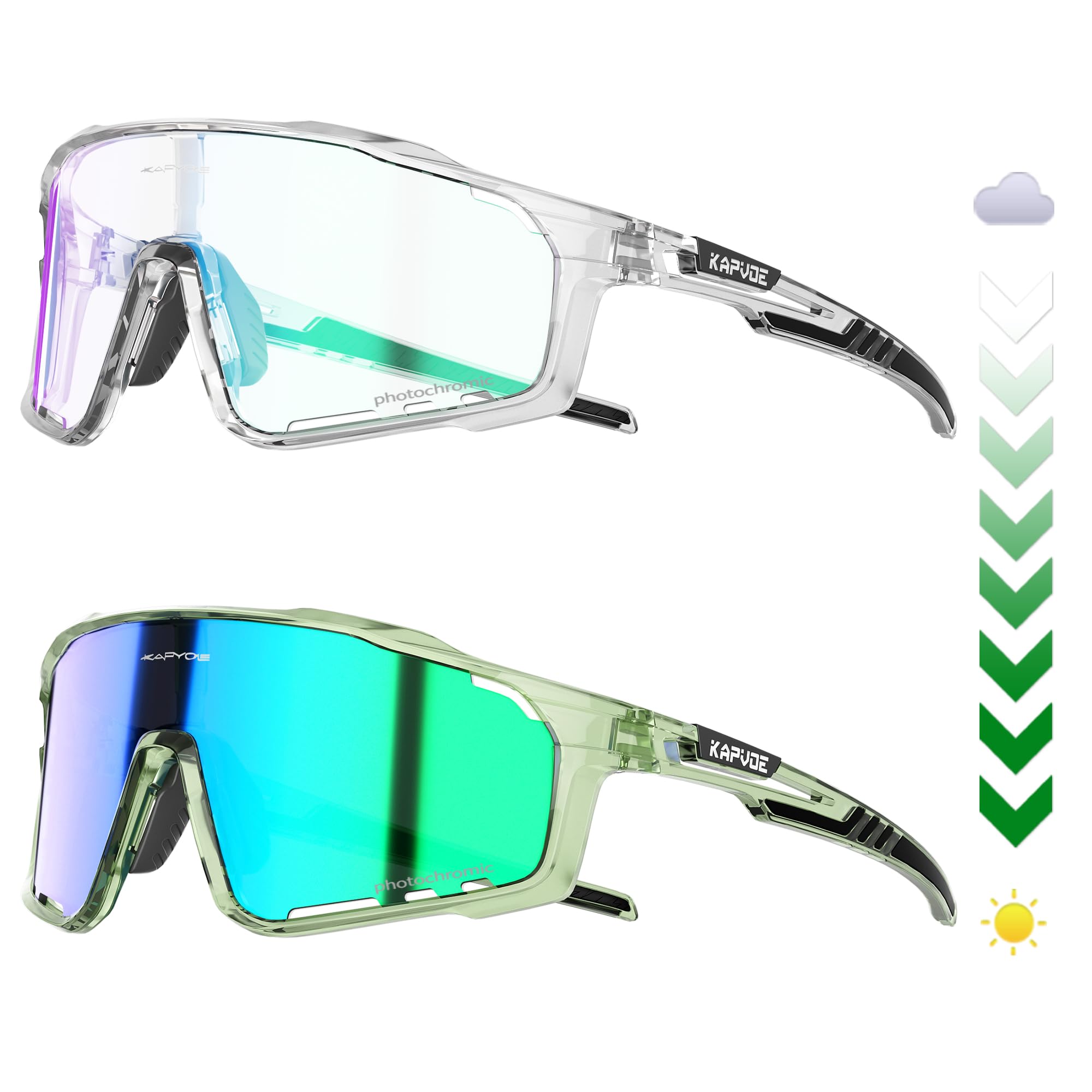 KAPVOE Occhiali Ciclismo Fotocromatici Lente e Telaio UV400 K76 | Lente & telaio fotocromatici, lente trasparente a nero CAT.0-CAT.2, UV400, nasello regolabile