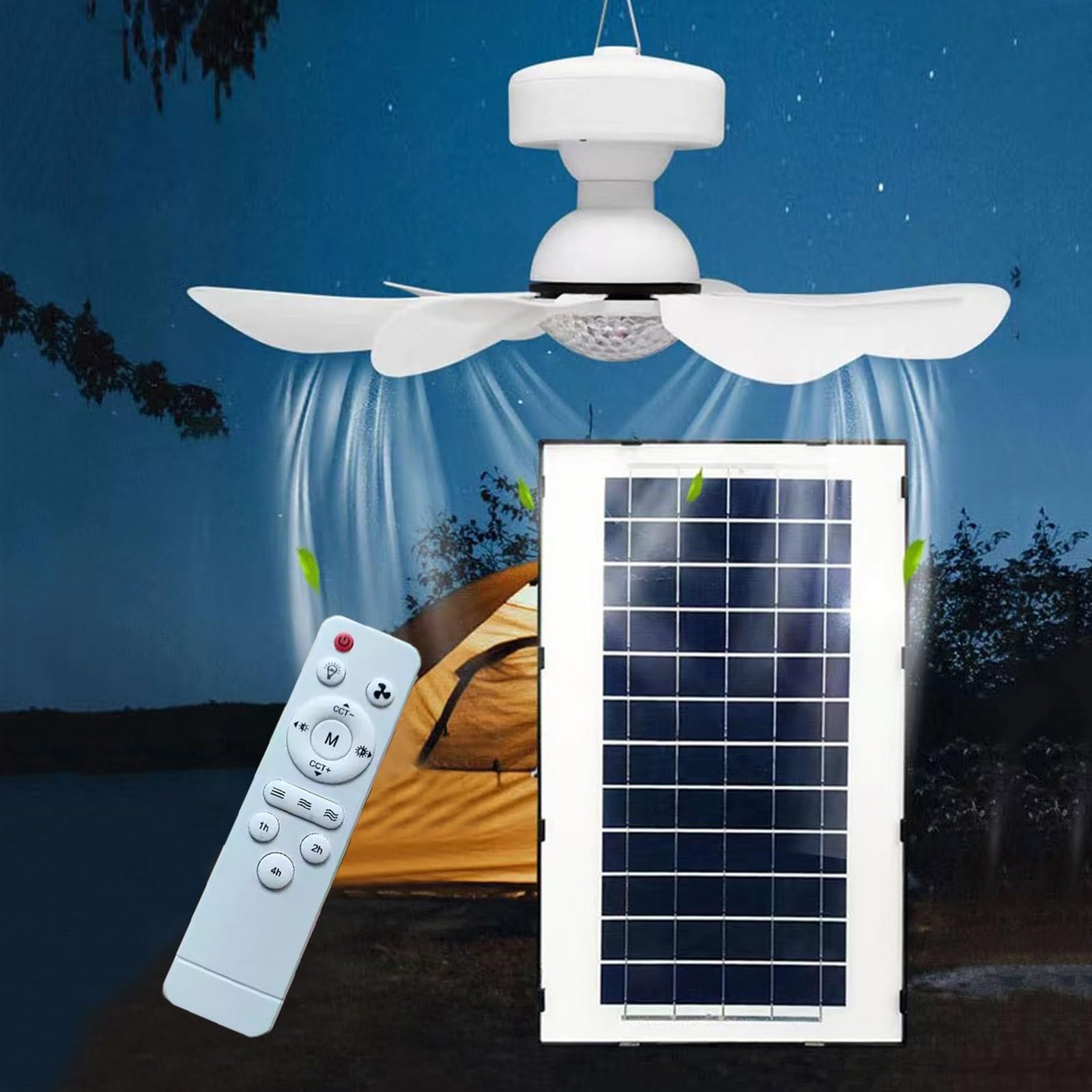 Ventilatore Solare Light per Campeggio All'aperto Ventilatore da Soffitto Staccabile con Telecomando Luce Regolabile a Tre Velocità Ventilatore + Luce a Doppio Uso Utilizzabile per Illuminazione Nottu