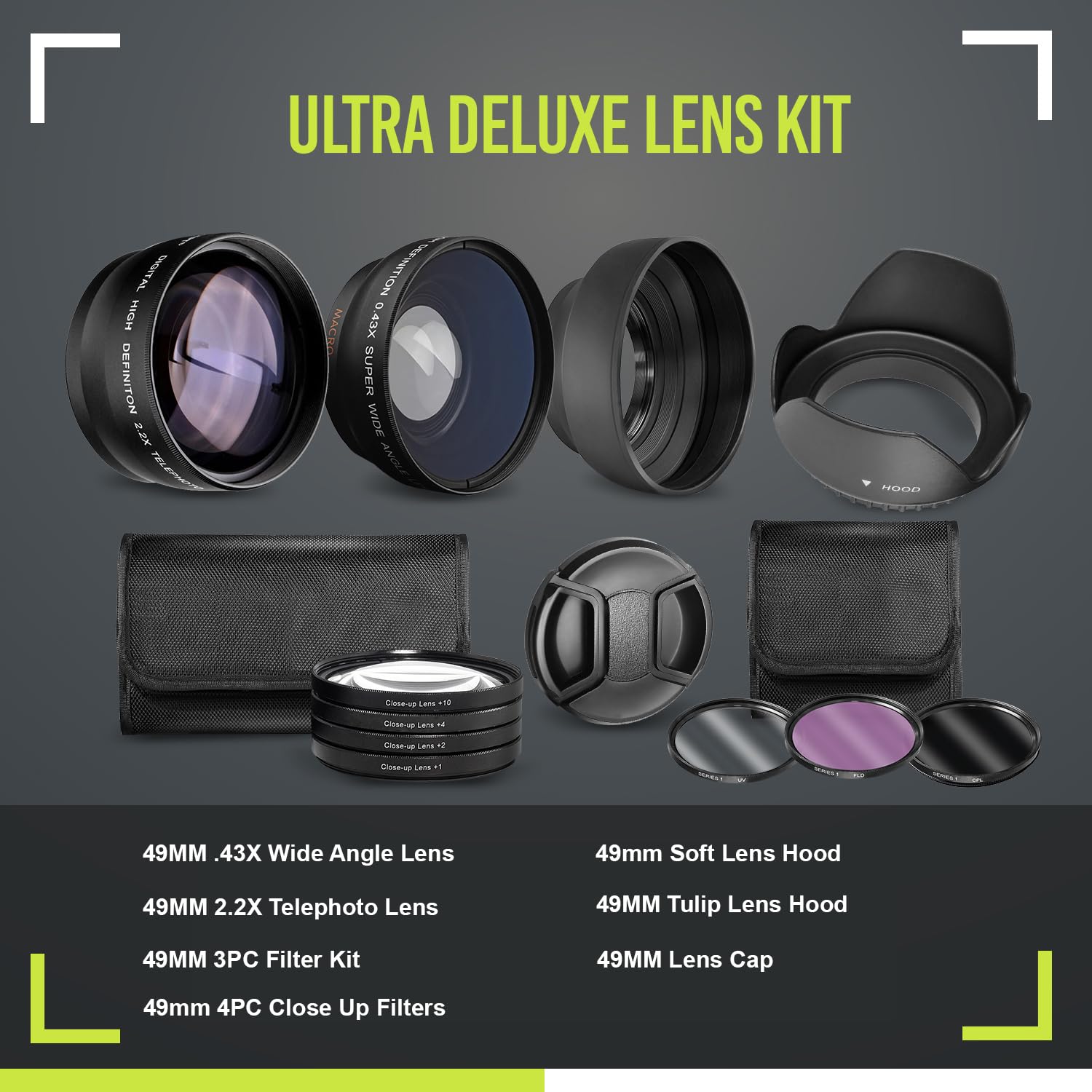 Ultra Deluxe Lens Kit for EOS M6 II, EOS M50 II, EOS M200 with 15-45mm Lens, EOS R10, EOS R50, EOS R100 with 18-45mm, Fuji X100V - Includes: 7pc 49mm Filter Set + 49mm Wide Angle and Telephoto Lens