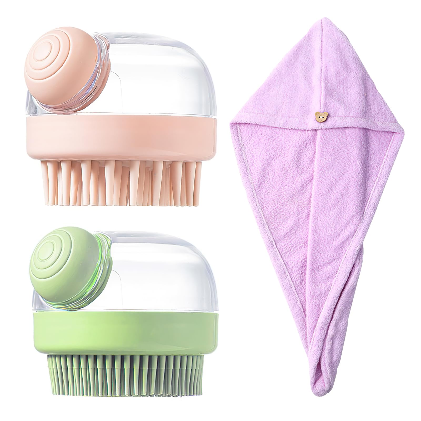 Anevios Juego de 3 Cepillo para Lavar el Cuero Cabelludo Masajeador Cuero Cabelludo, Cepillo de Ducha de Silicona, Toalla para el Pelo con Botones para Cabello Largo, Rizado y Grueso