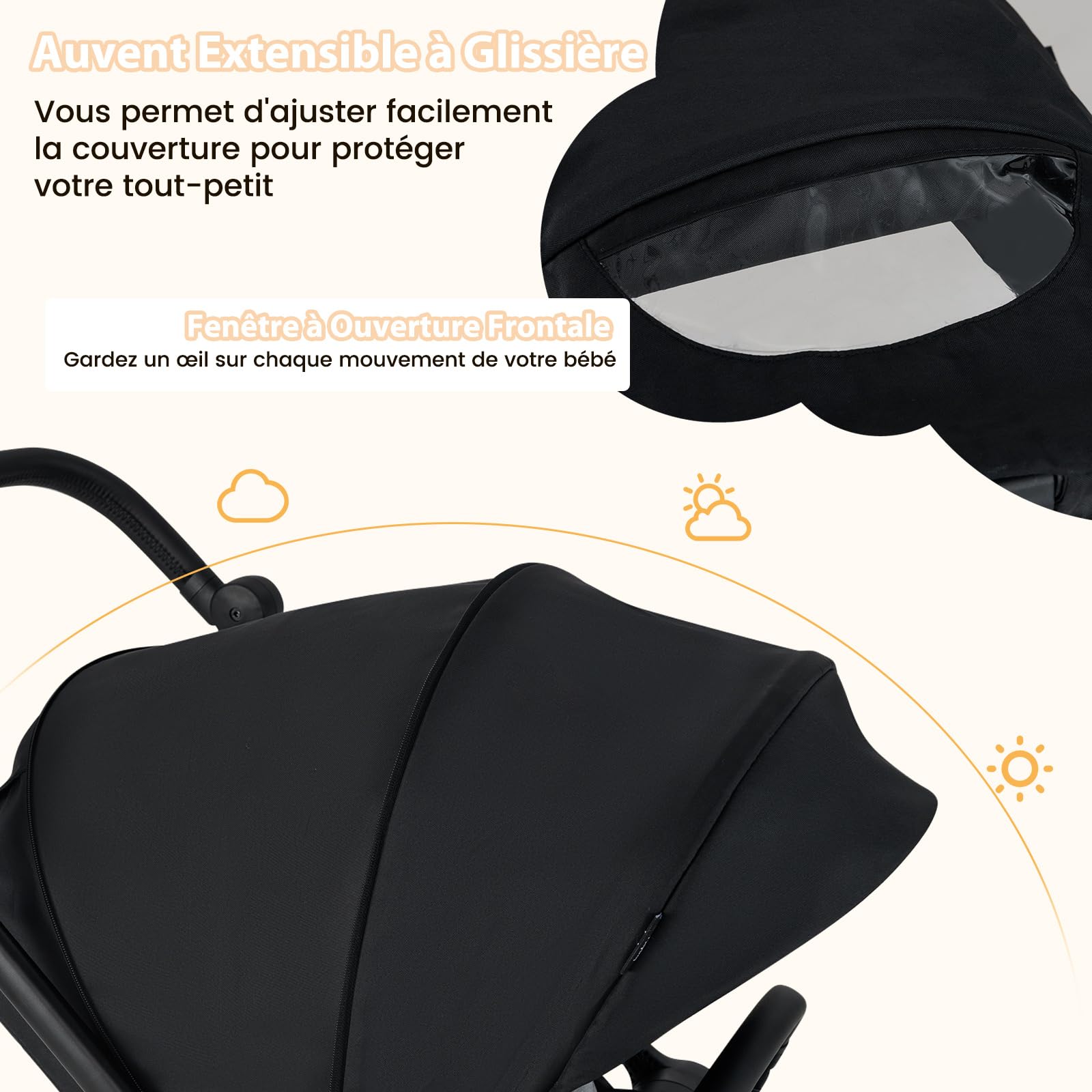 COSTWAY Poussette Canne Bébé 0-3 Ans(Charge 15 kg) avec Siège Réversible & Dossier Inclinable, Poussette Compacte et Légère Pliable avec Auvent Réglable & Panier Inférieur, Harnais à 5 Points (Noir)