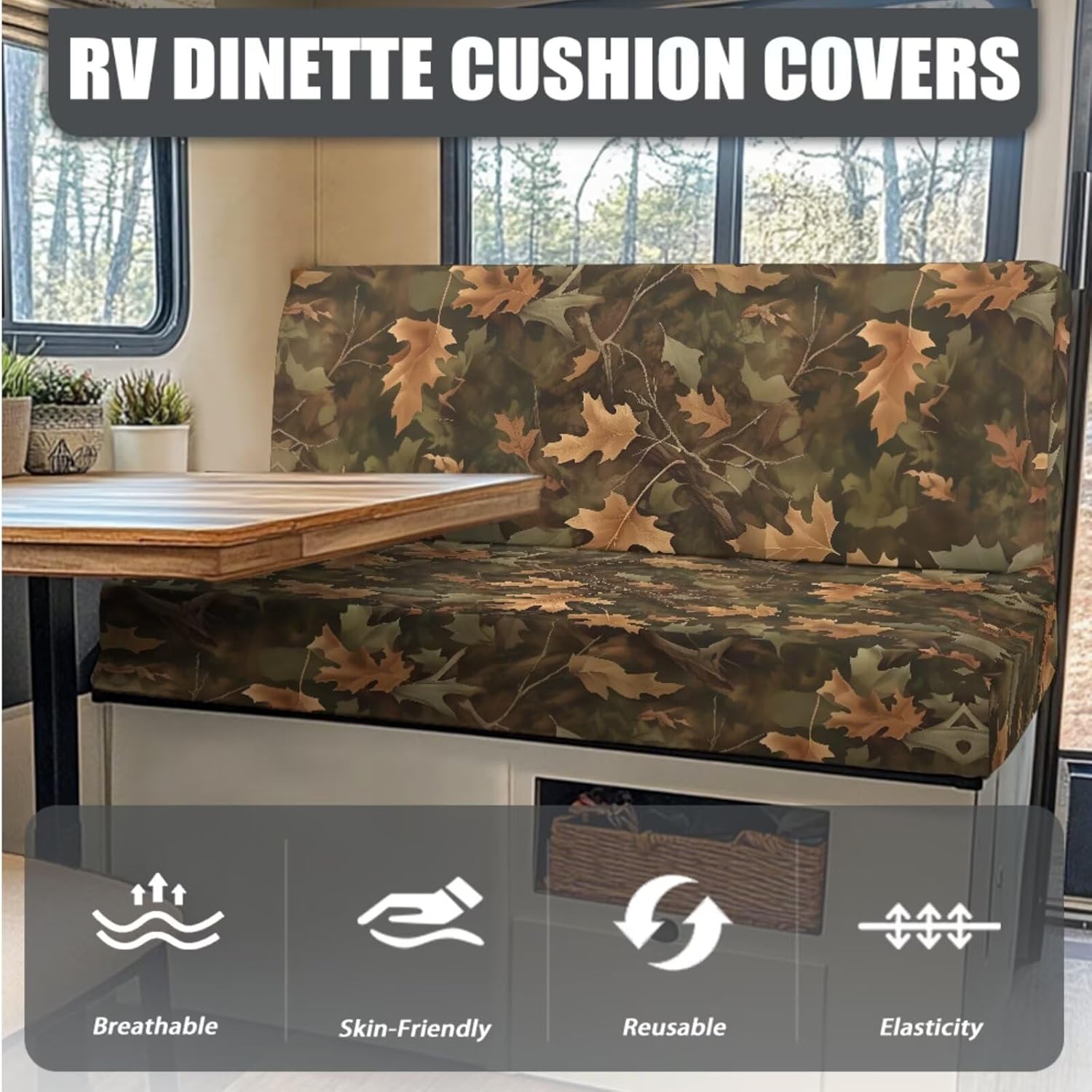 Fallen Leaves Print 3 Pcs RV Dinette Cushion Covers Elastic Camper Seat Covers with Pillowcase, Stretch Loveseat Sofa Chair Cover Furniture Protector for RV Camper Bench