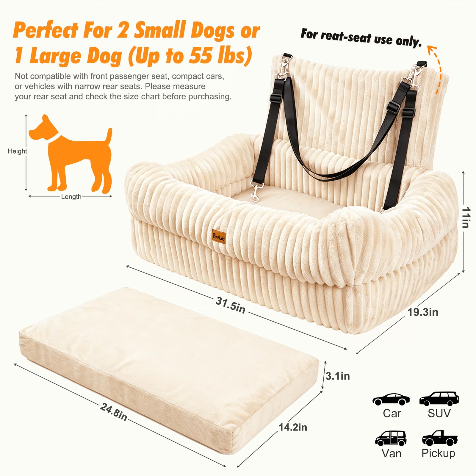 Pawaboo Dog Car Seat – Memory Foam Booster with Thickened Cushion, Washable Removable Cover, Safety Leashes, łóżko podróżne dla zwierząt domowych, dla średnich dużych psów lub 2 małych psów, beżowe