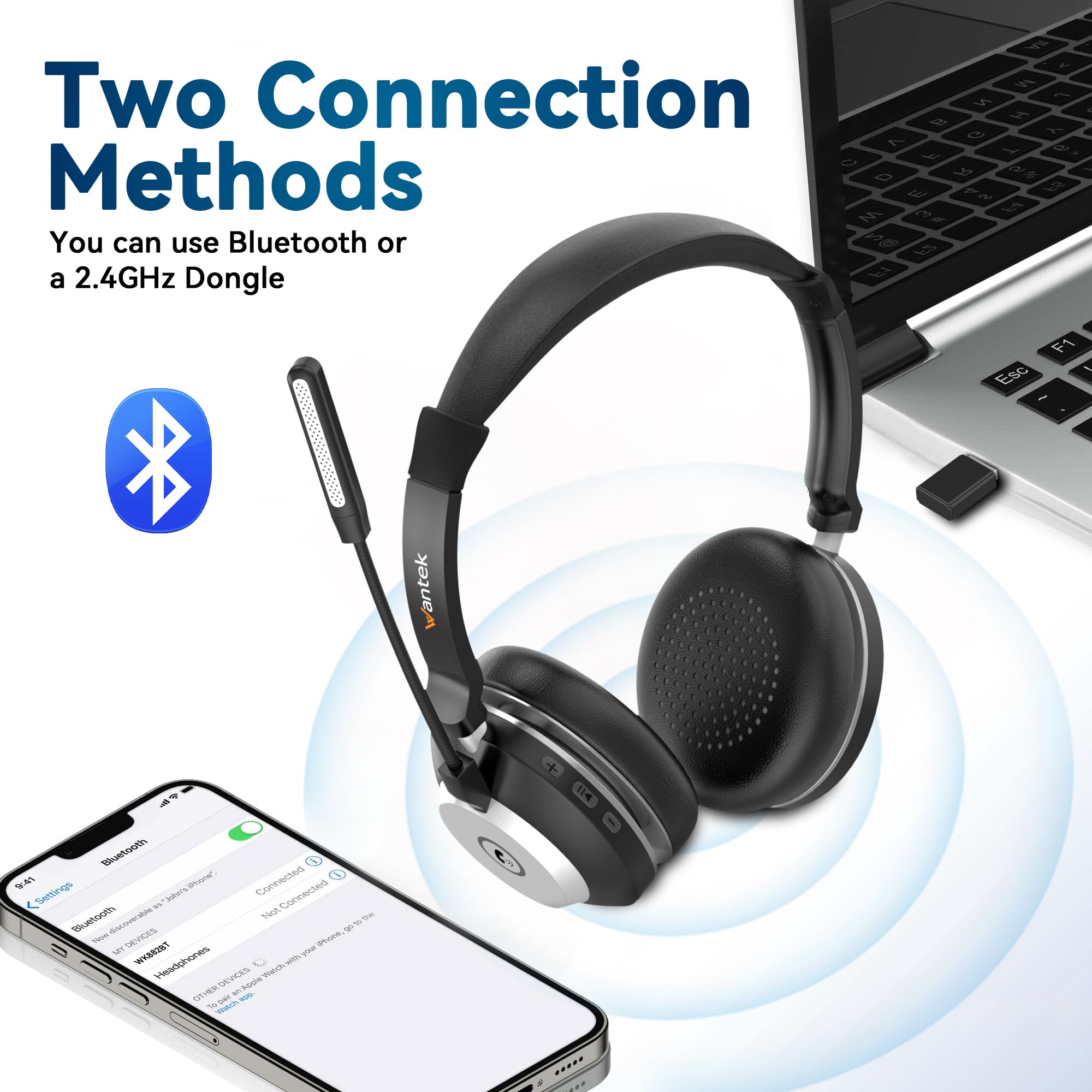 Wantek Cuffie wireless con microfono, Cuffie senza fili Bluetooth USB Dongle per PC Ufficio Zoom Skype Laptop