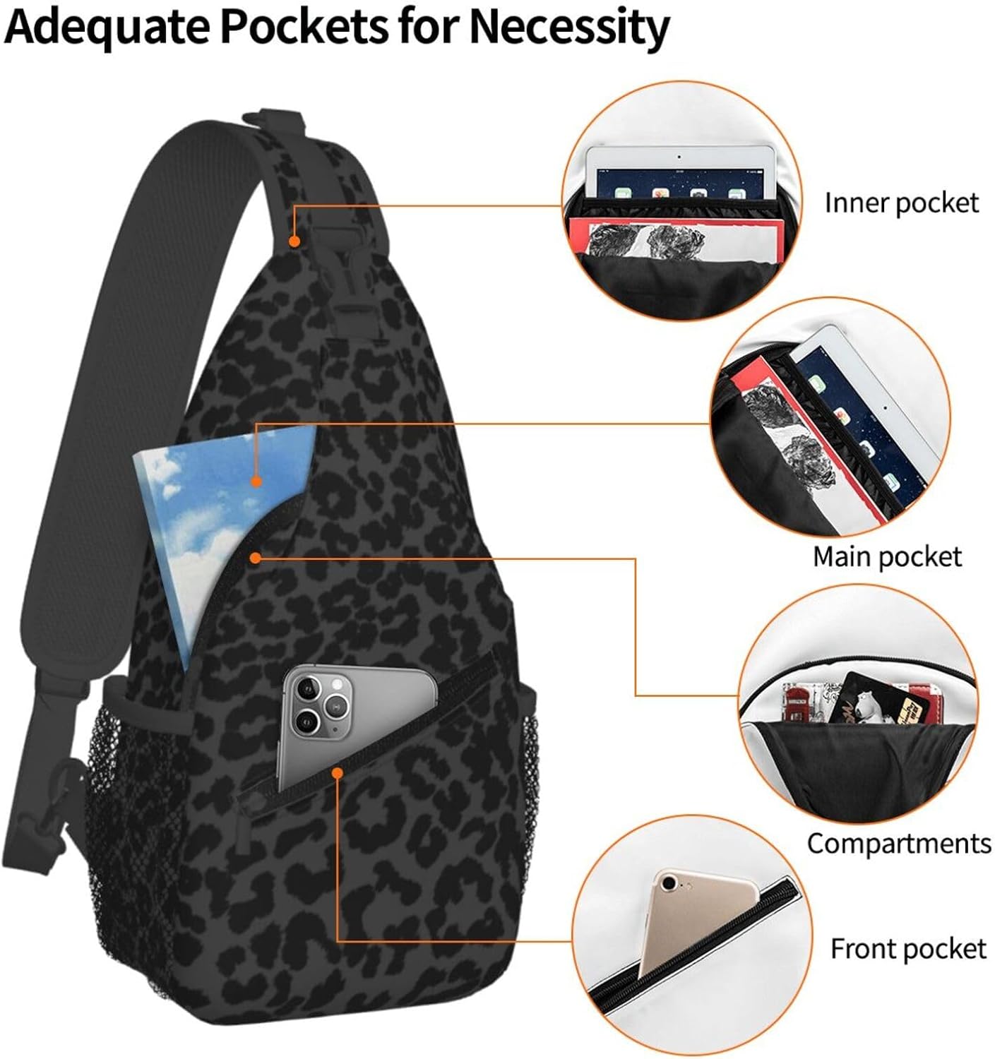 Black Leopard Print Sling Bag Abstract Spotted Fur Cheetah Pattern Crossbody Backpack Cute Wild Animal Skin Texture Chest Shoulder Bag Casual Gym Sports Travel Hiking Daypack for Women Men - Image 4