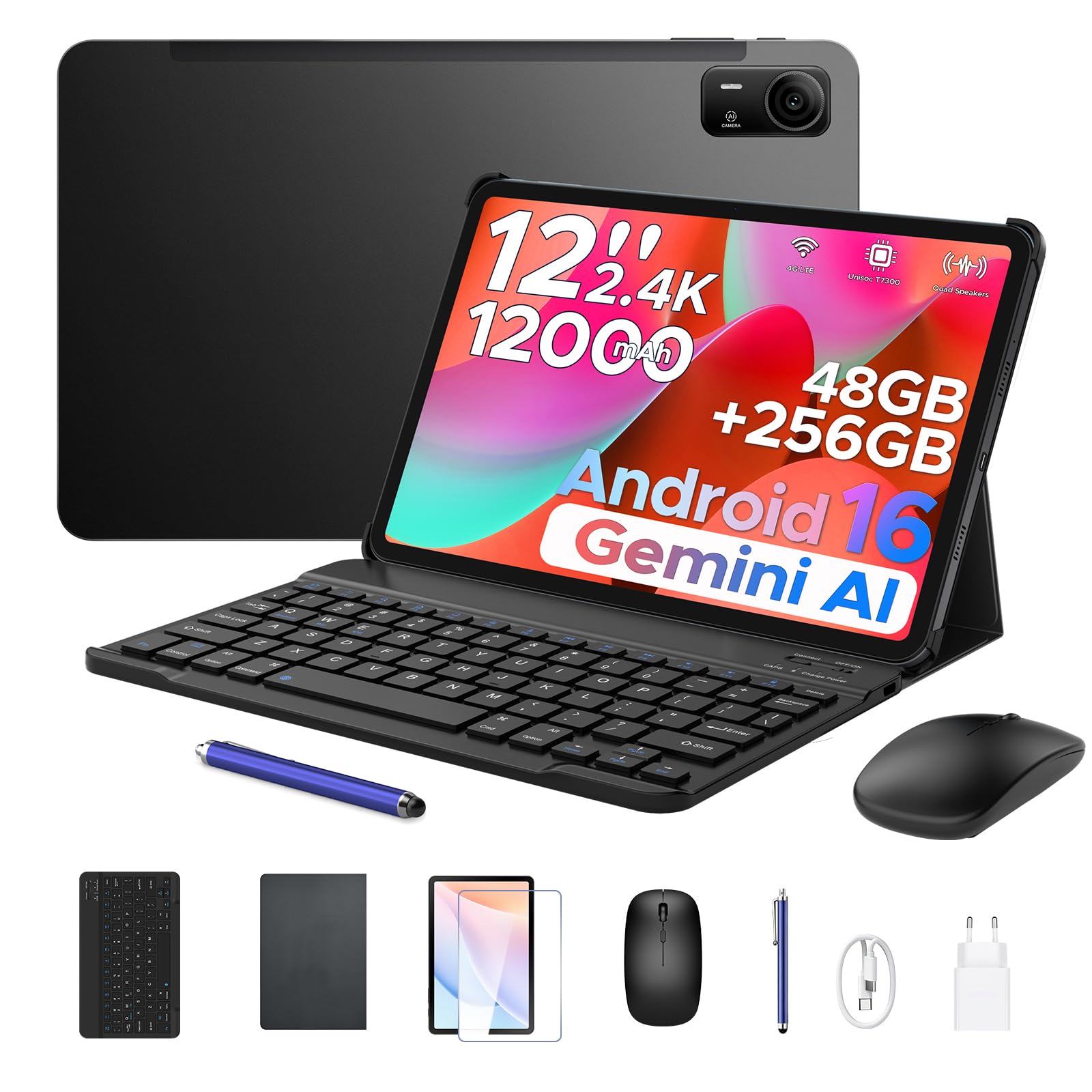 P12 Pro Tablette 12 Pouces, 12000 mAh Tablette Android 16, 48Go RAM+256Go ROM/2To TF, T7300 Octa-Core, Gemini AI, 2,4K/120Hz, 13MP, 4G LTE/Face ID/OTG/GPS/FM, Tablette avec Clavier et Stylet