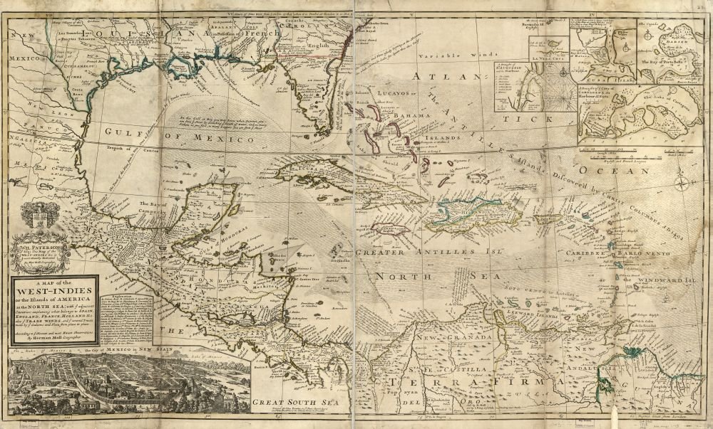 Vintage 1715 Map of A map of the West-Indies or the islands of America in the North Sea; with ye adjacent countries; explaning [sic] what belongs to Spain, England, France, Holland, &c. also ye trad