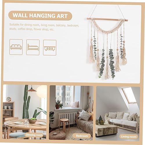 Miniatura 2 de DECHOUS Tapiz de algodón de macramé, 1 juego, tapiz de algodón, guirnalda verde, decoración de madera, beige, escultura de boda, macramé para colgar