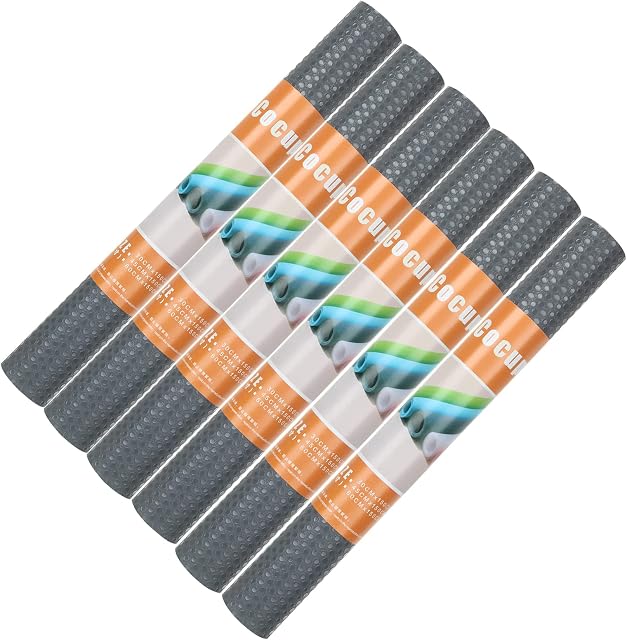 LOLYSIC 6 Rolls Drawer Liners, Non Slip Waterproof Shelf Liners for Kitchen Cabinets, Non Adhesive Washable EVA Anti Slip Fridge Drawer Shelf Liner for Kitchen Cupboard (Grey, 30x150CM Per Roll)