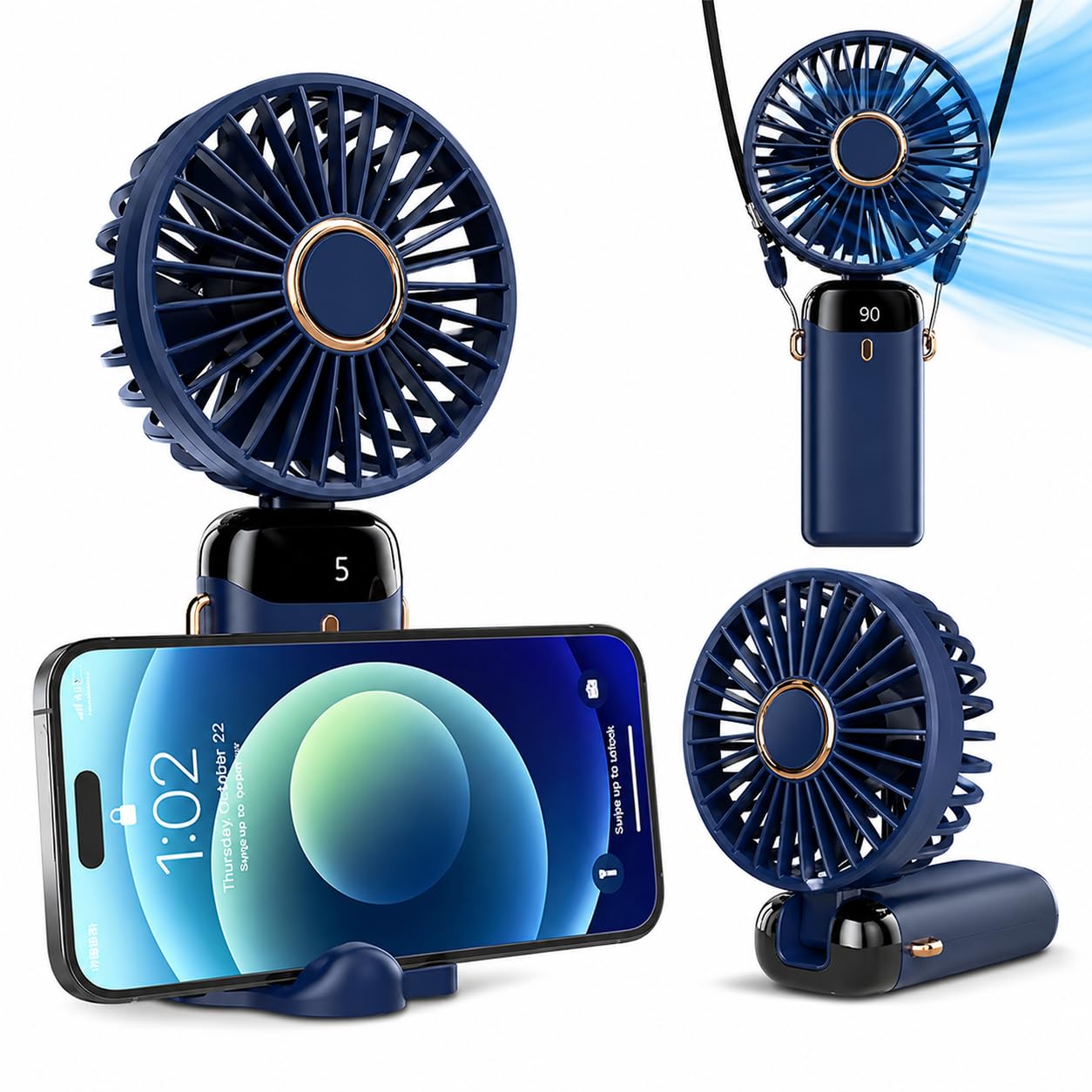 Mini Folding Fan (Blue) with Phone Holder | Blue Portable Neck & Handheld Fan, Rechargeable | 5-Speed Turbo Airflow, Type-C Fast Charging, LED Display | Compact Desk & Travel Fan-image-18