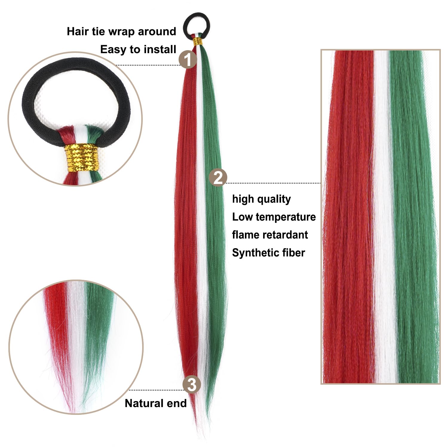 2 Pack Braid Ponytail Extension, Full of Christmas Color Ponytail Extension, with Elastic Tie Straight Tube Sleek Wrap Extension Hair Ponytail 26 Inch (Green/White/Red#)