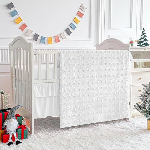 Miniatura 2 de Juego de ropa de cama blanca para cuna, edredón jacquard de lunares con sábana bajera y falda de cama, bonito bordado, bohemio, shabby chic, suave