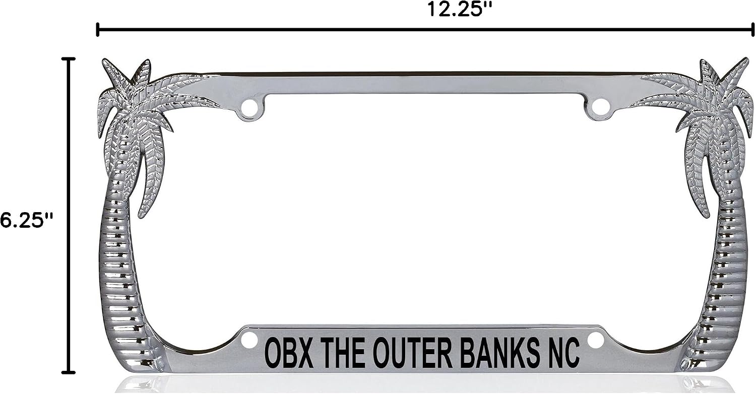 OBX The Outer Banks NC Palm Tree Design Chrome Metal License Plate Auto Tag Frame, R62